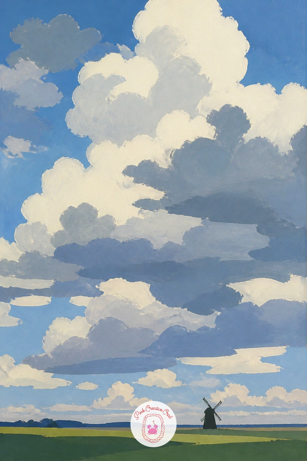 Windmill Under a Big Cloud Sky — Close the series by letting the sky do most of the work: a small windmill sitting low on the page beneath a tall, dramatic