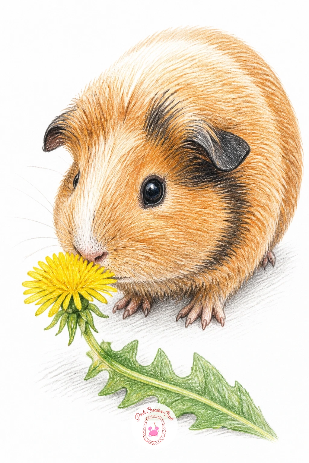 Guinea Pig Sniffing Dandelion — A guinea pig sniffing a dandelion is a gentle outdoor moment, and getting the proportion right between the flower and the nose