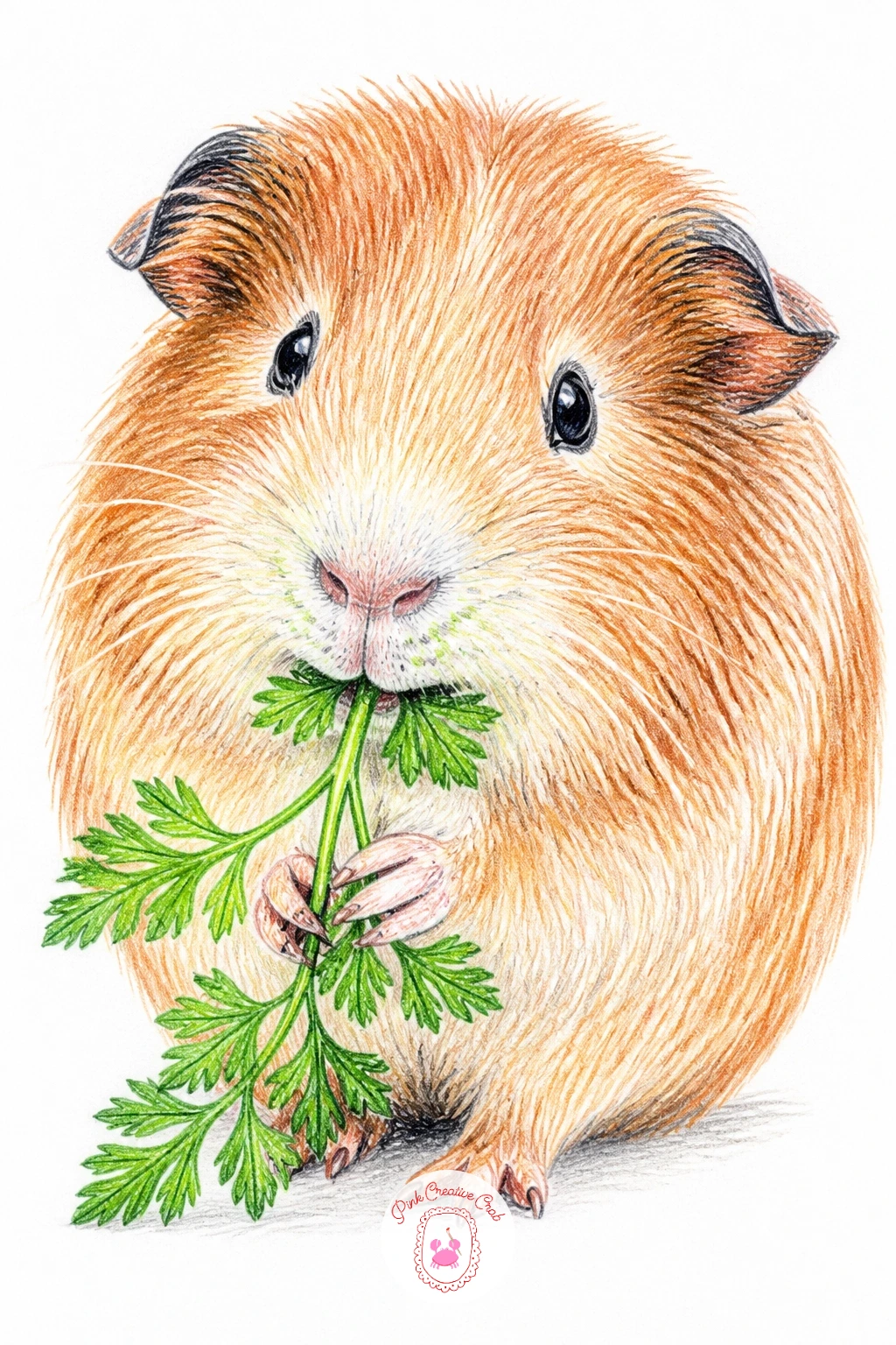 Guinea Pig Chewing Parsley Sprig — A guinea pig chewing a parsley sprig gives you another chance to practice that fine, feathery leaf texture, a nice contrast