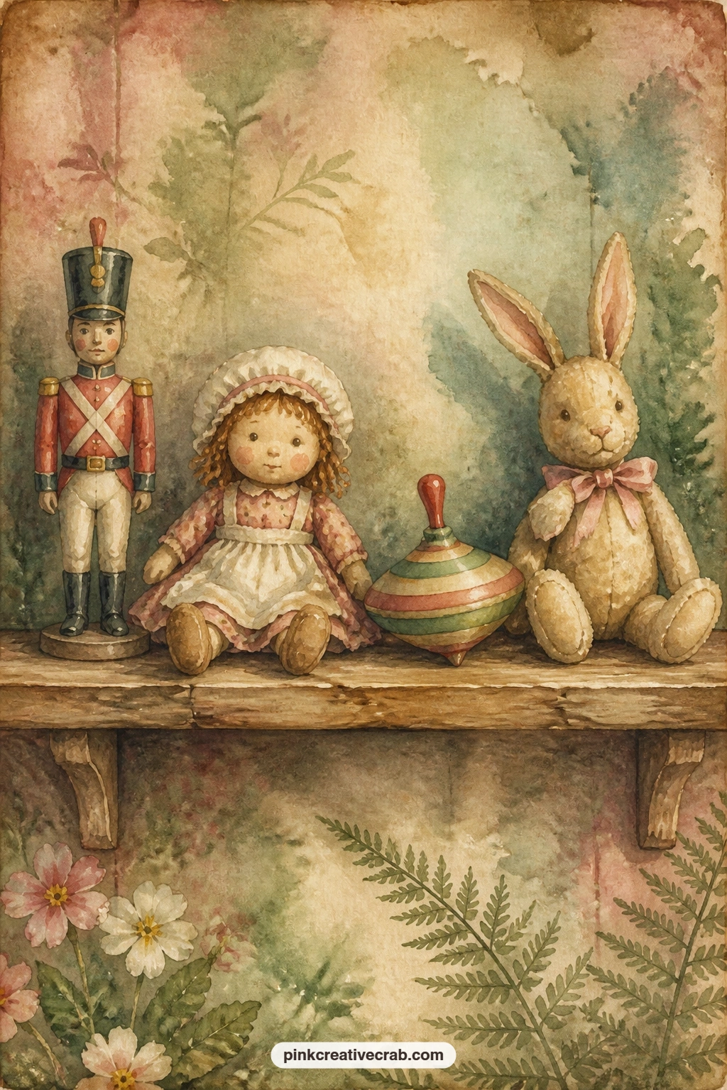 Nursery Shelf Of Old Toys printable page — Try gluing a small paper tag to the shelf edge with a child's name or a date, turning the page into a keepsake of
