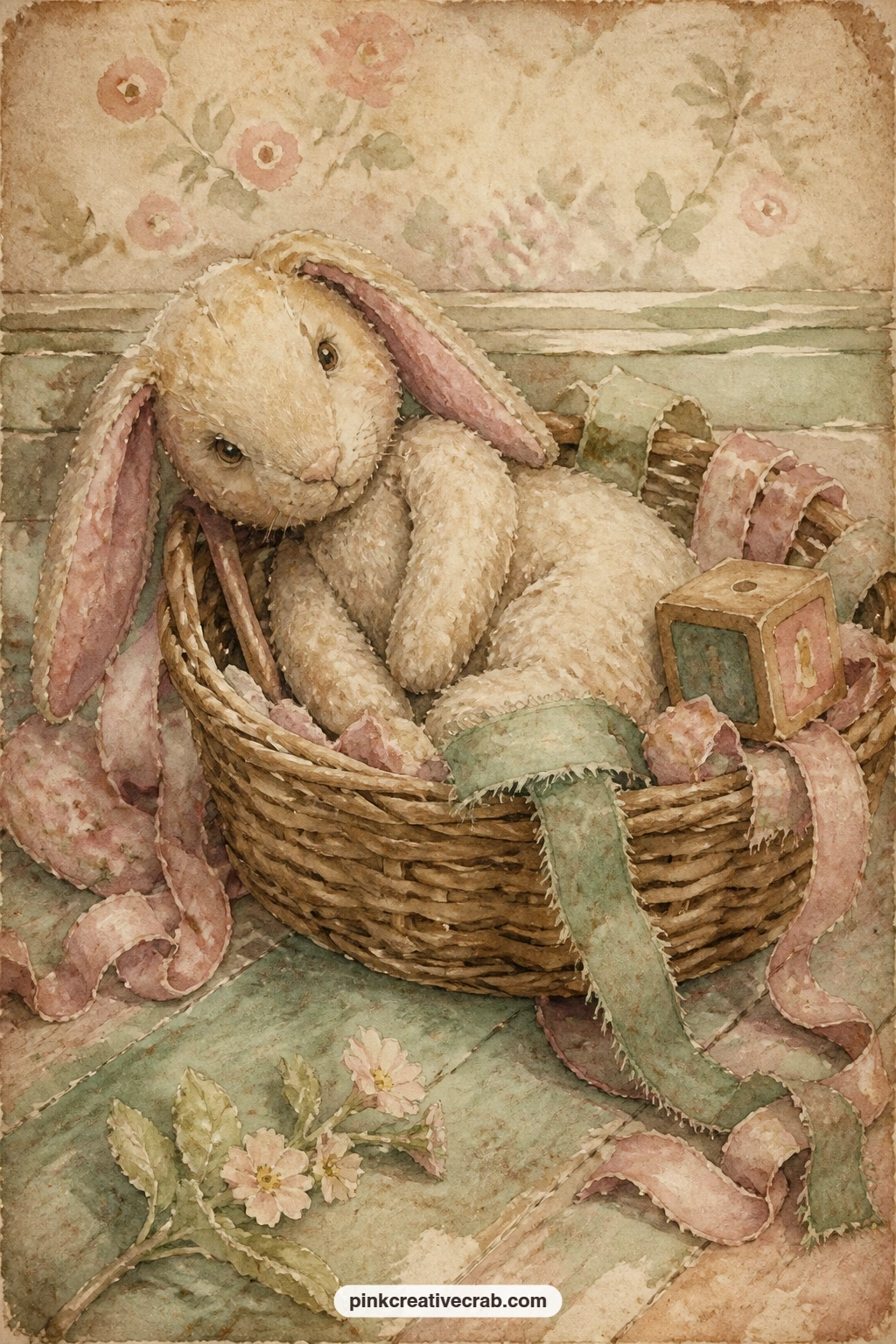 Rabbit In A Toy Basket printable page — A soft velveteen rabbit sits folded into a woven toy basket, waiting among ribbons and worn cloth for someone to notice
