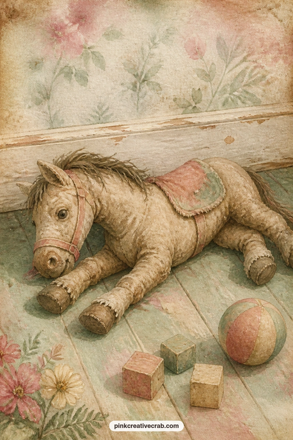 The Skin Horse On The Floor printable page — Pair this page with the faded nursery wallpaper stripe background behind it in your spread, letting the old horse