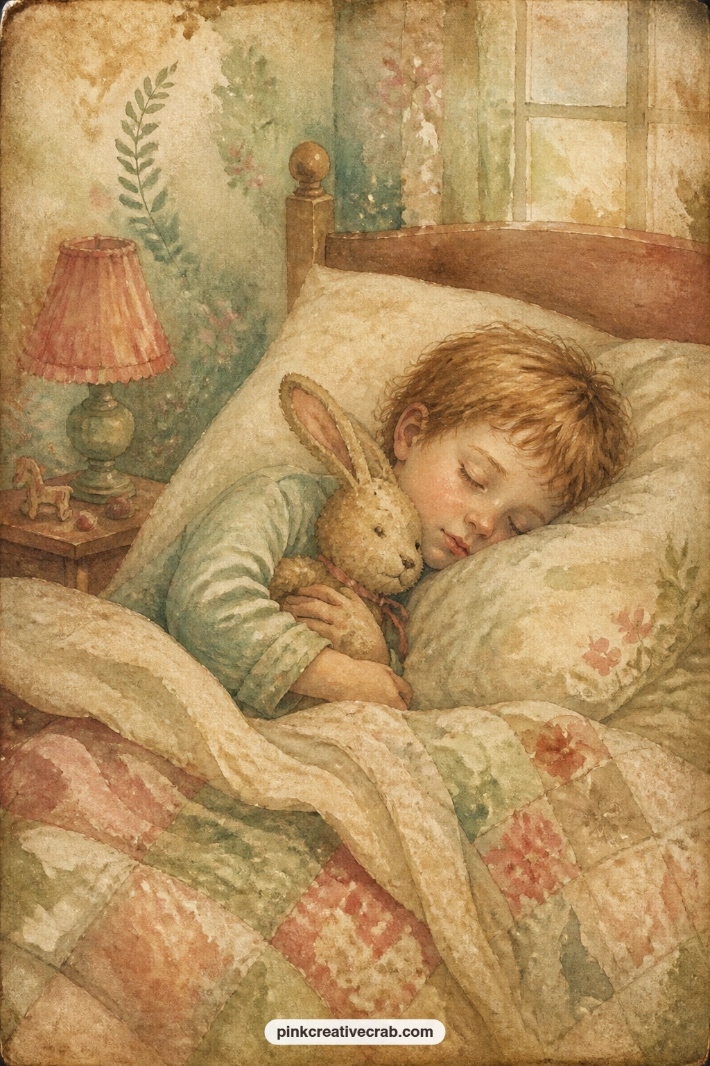 Boy Asleep With The Rabbit printable page — A sleeping boy holds the velveteen rabbit close under a folded blanket, both still against the quiet dark of the