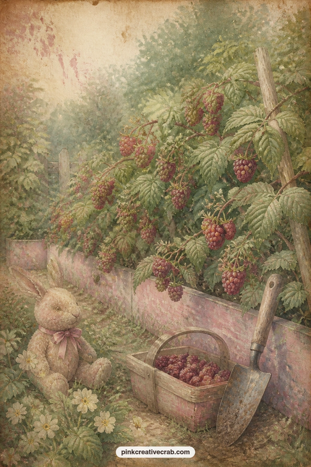 Garden With Raspberry Canes printable page — The usual mistake here is painting the canes too neat and tidy; let them lean and tangle a little, the way real