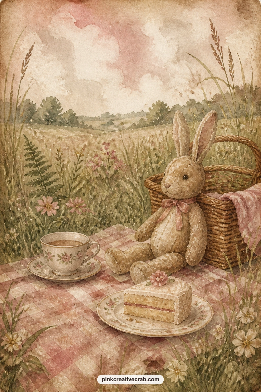 Picnic In The Long Grass printable page — A checked cloth spreads through tall grass with the rabbit propped beside a small teacup and a slice of cake left