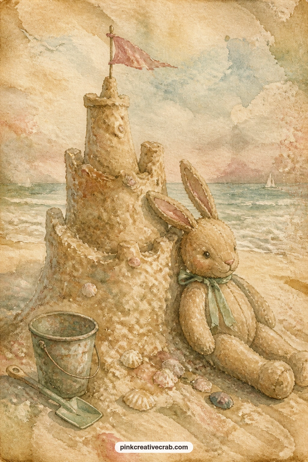 Sandcastle Beside The Rabbit printable page — Five minutes is enough for this one: a small bucket, a flag and a lopsided sandcastle with the rabbit settled