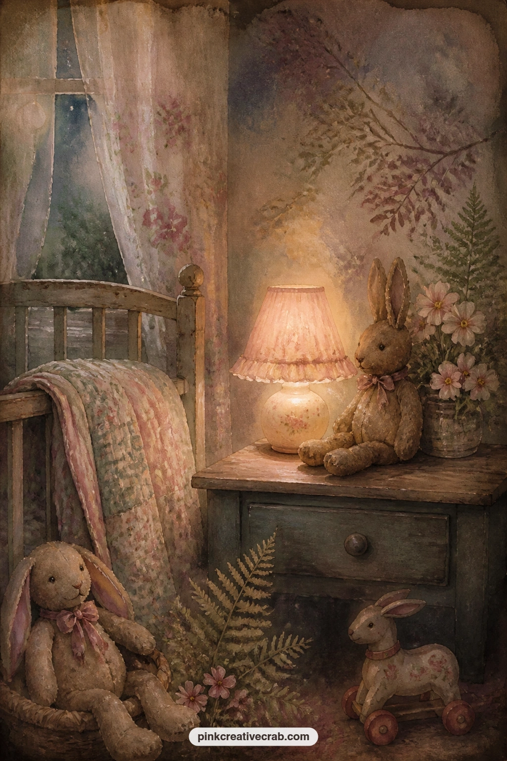 Nursery At Night With A Light printable page — Glue in a small cut paper window shape over the painted one here, so the night light glows through an added