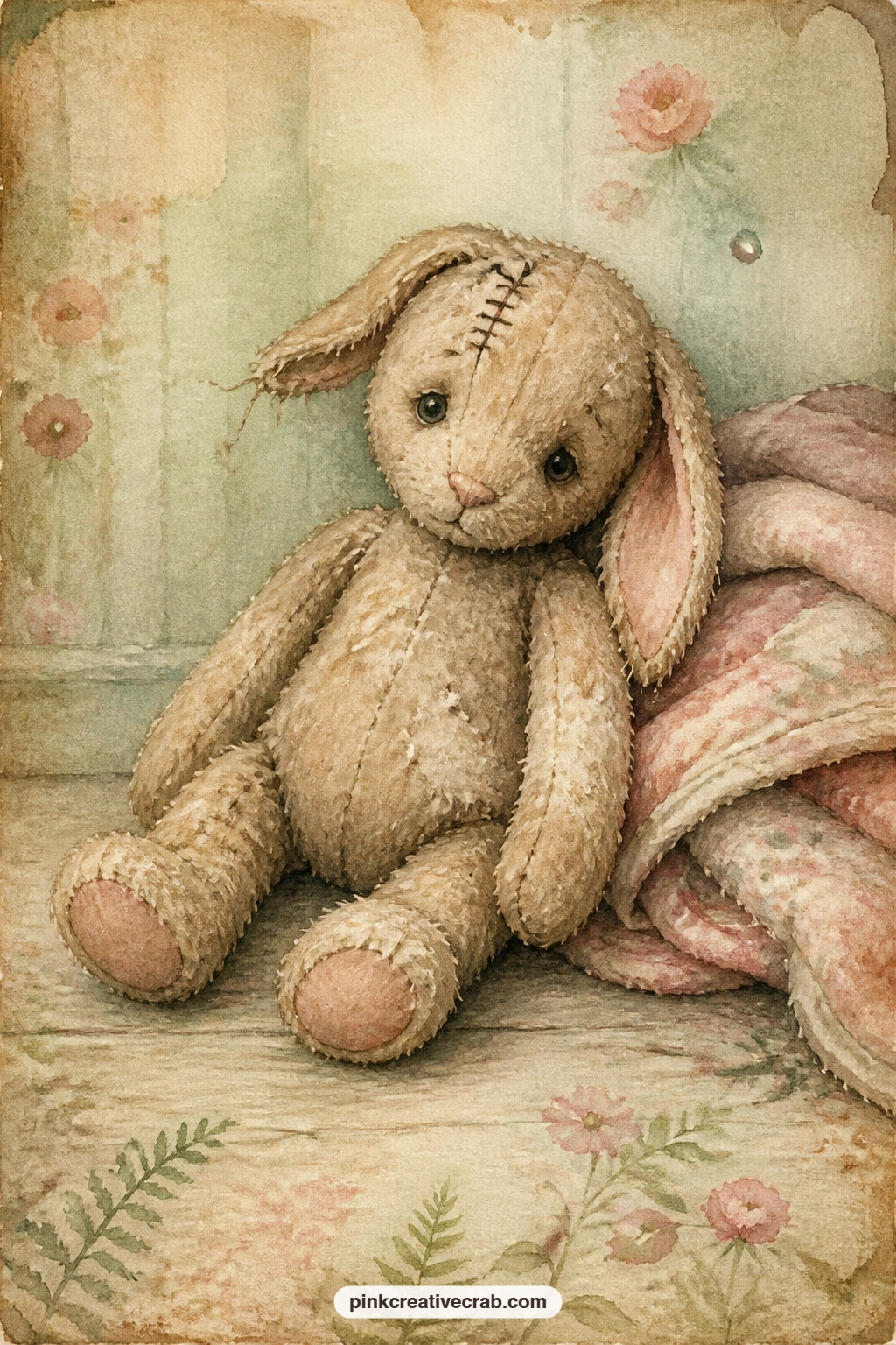 Rabbit Worn Thin, One Ear Loose printable page — Whiskers gone and one ear hanging loose, the little rabbit shows every sign of having been loved hard for a