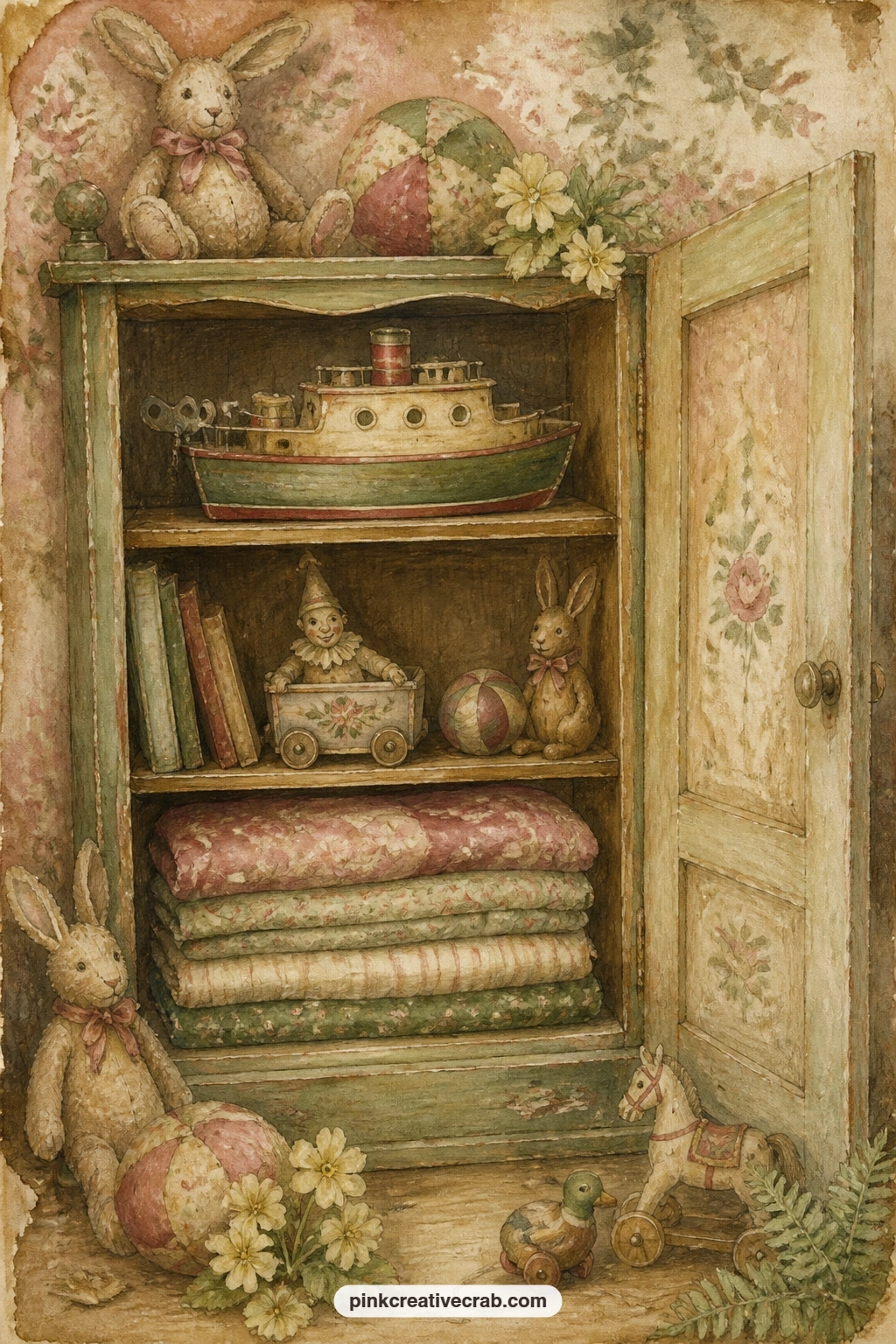 Toy Cupboard With A Mechanical Boat printable page — Pair this with the nursery toys pattern background as a pocket lining behind the page, so a small drawing