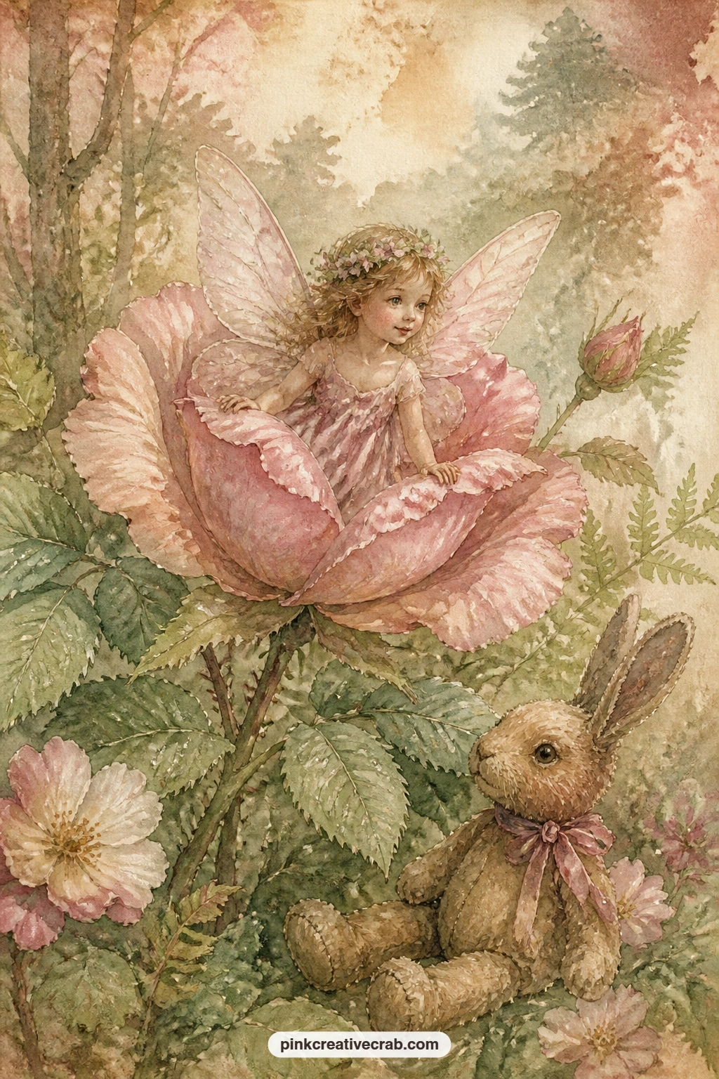 A Fairy Appearing From A Flower printable page — A small winged figure steps out from the curled petals of a wild rose, caught mid movement against the hush of