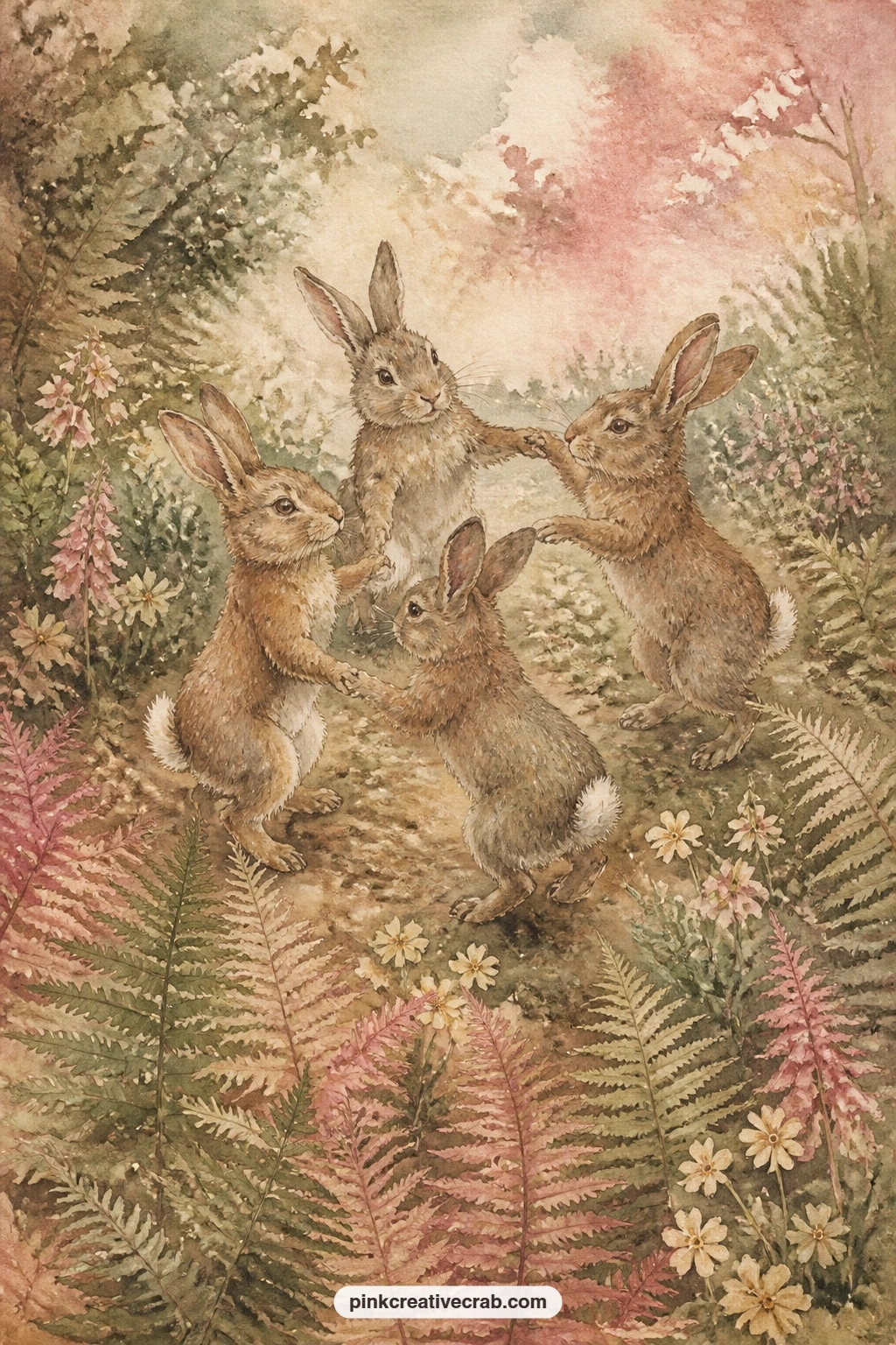 Wild Rabbits Dancing In Bracken printable page — A small group of wild rabbits circles together among the ferns, caught in the kind of spring light that makes
