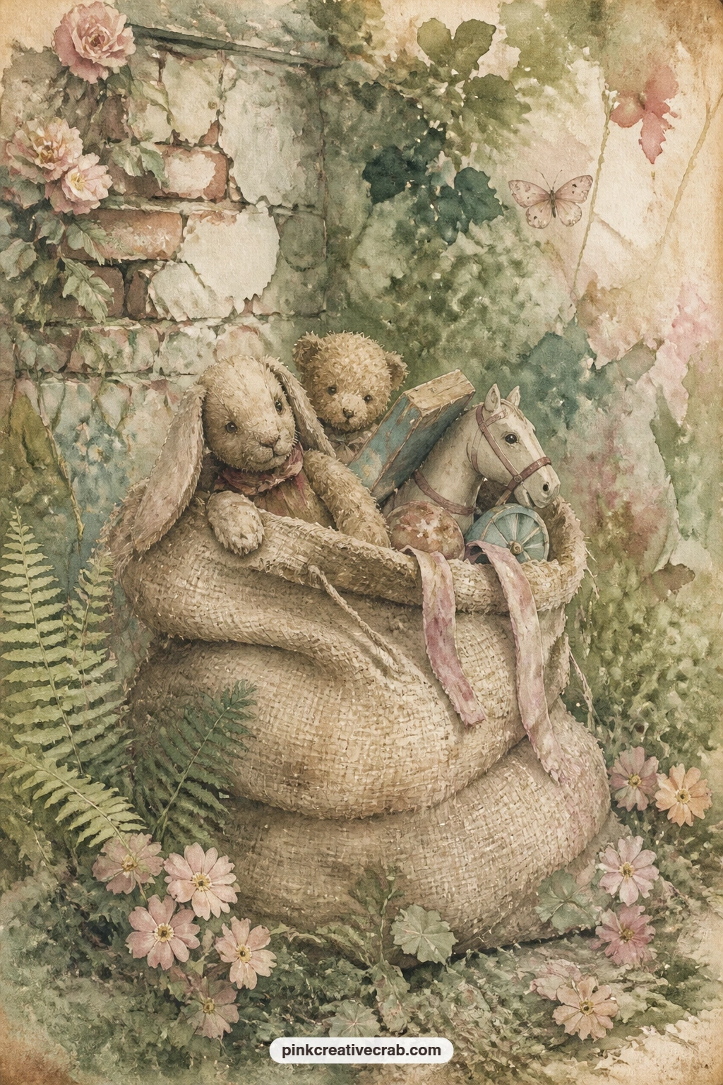 Sack Of Old Toys In The Garden printable page — The usual mistake is making the sack look neat; loosen the drawstring, let a toy edge poke out, and the page