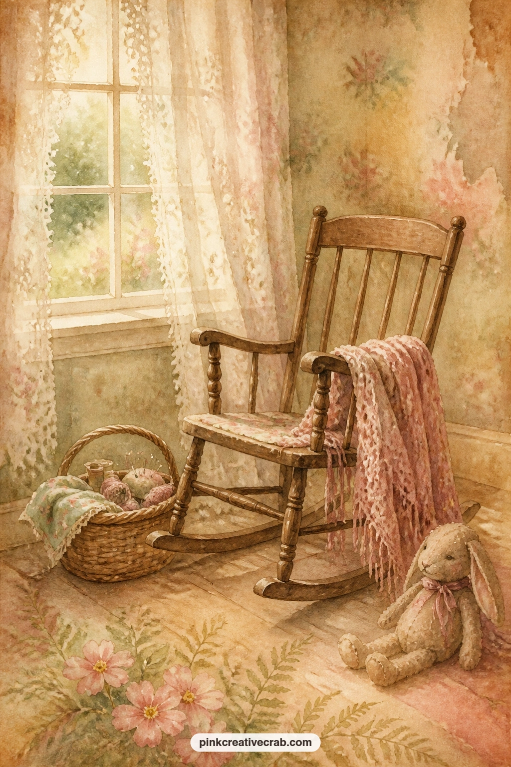 Sunny Window With A Rocking Chair printable page — Light falls across a small rocking chair set near a window with lace curtains, a shawl folded over one arm