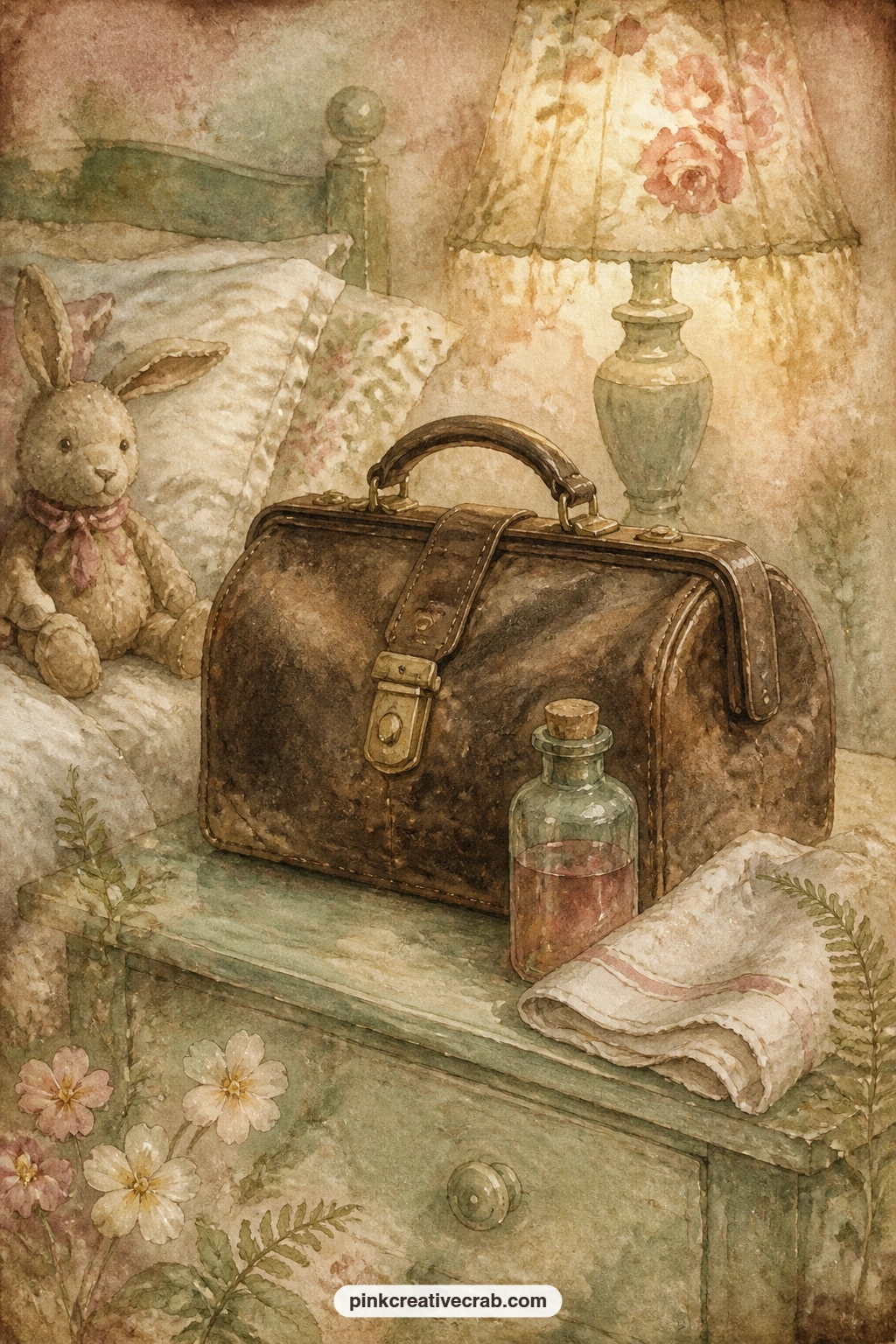 Doctor's Bag At The Bedside printable page — Set this page facing the sleeping boy page in your spread, letting the bag's quiet worry sit right beside the