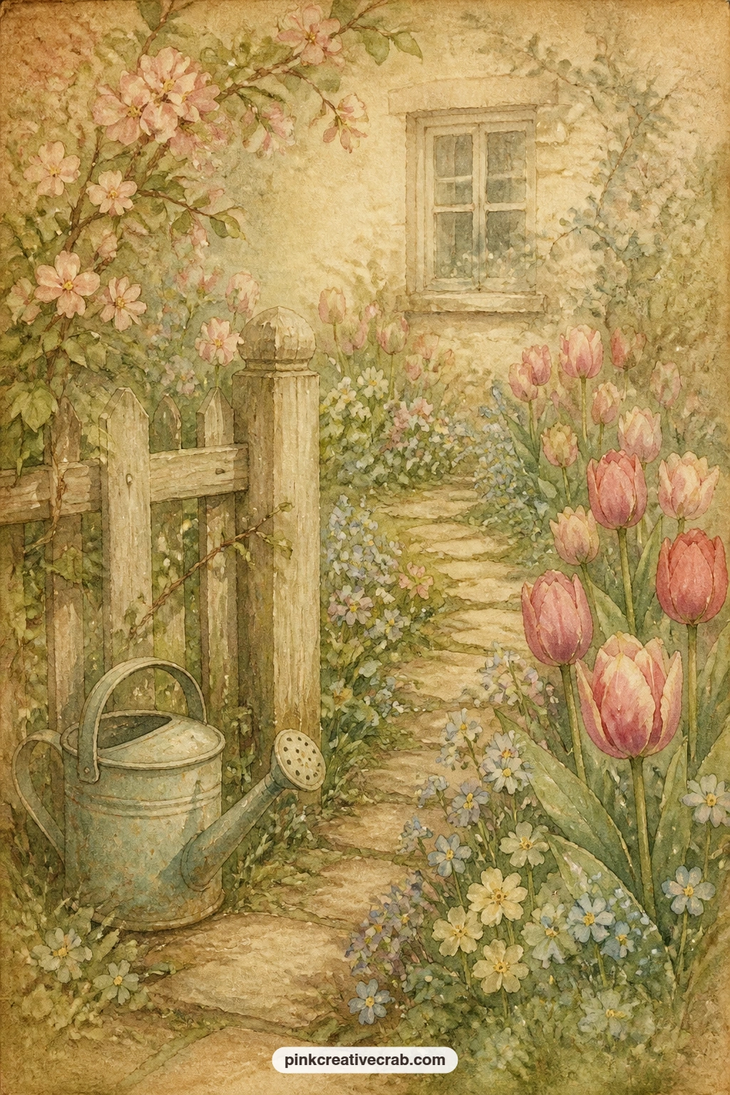 Cottage Garden In Spring printable page — Glue a small pressed flower shape or a cut paper label onto this page naming a favourite spring bloom, tucked among