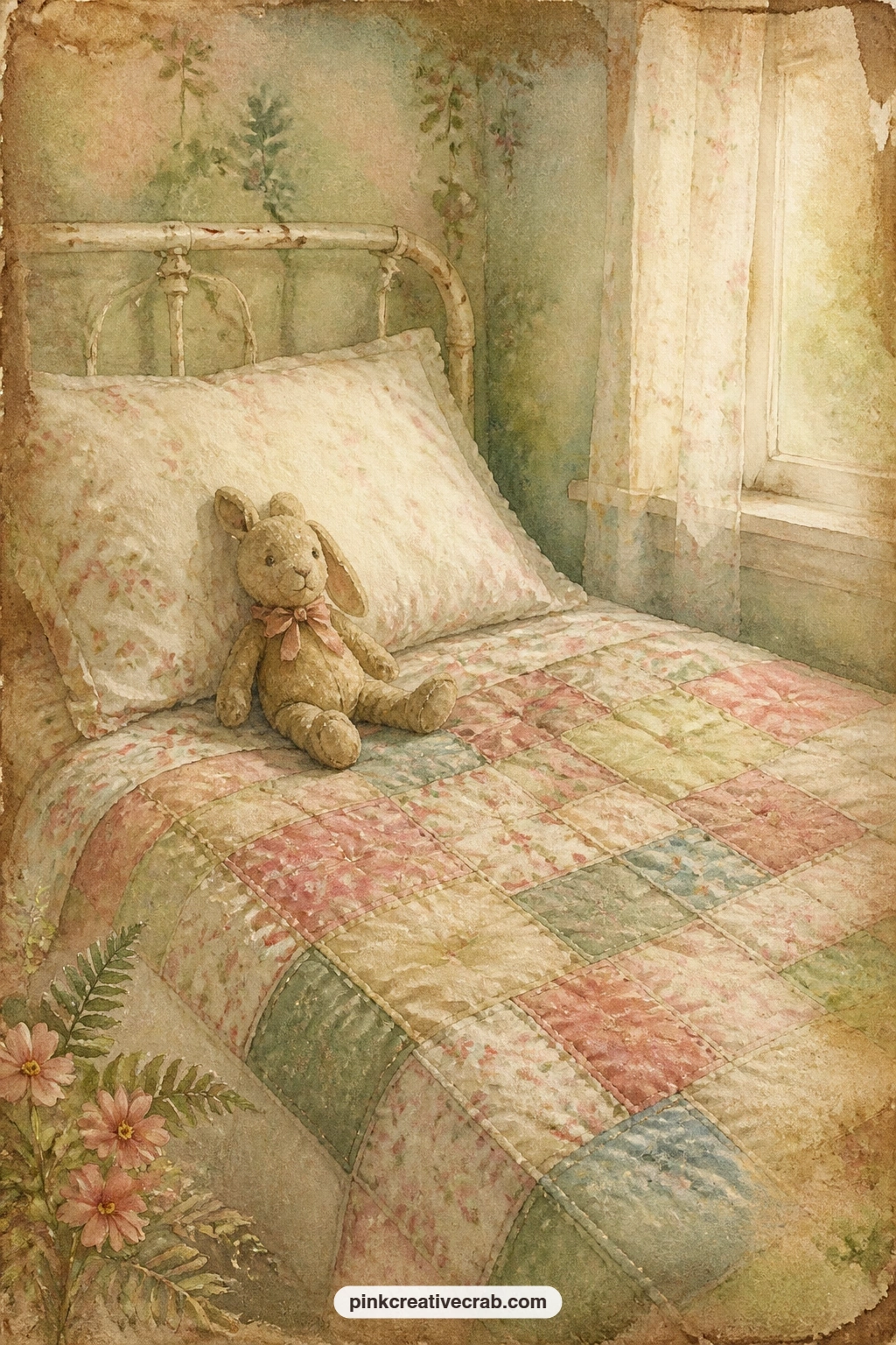 Bed With A Patchwork Quilt printable page — A neatly made bed carries a patchwork quilt in soft faded squares, a single toy left resting near the pillow.