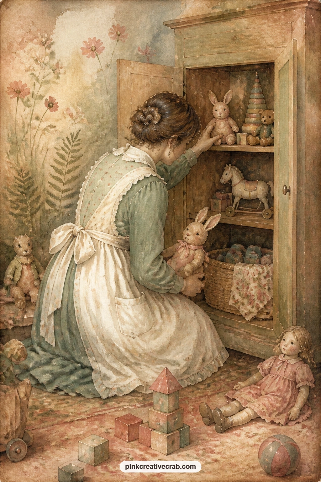 Nanny Tidying Toys Into A Cupboard printable page — The five minute version here is just a pair of hands and an open cupboard door, with the toys only half