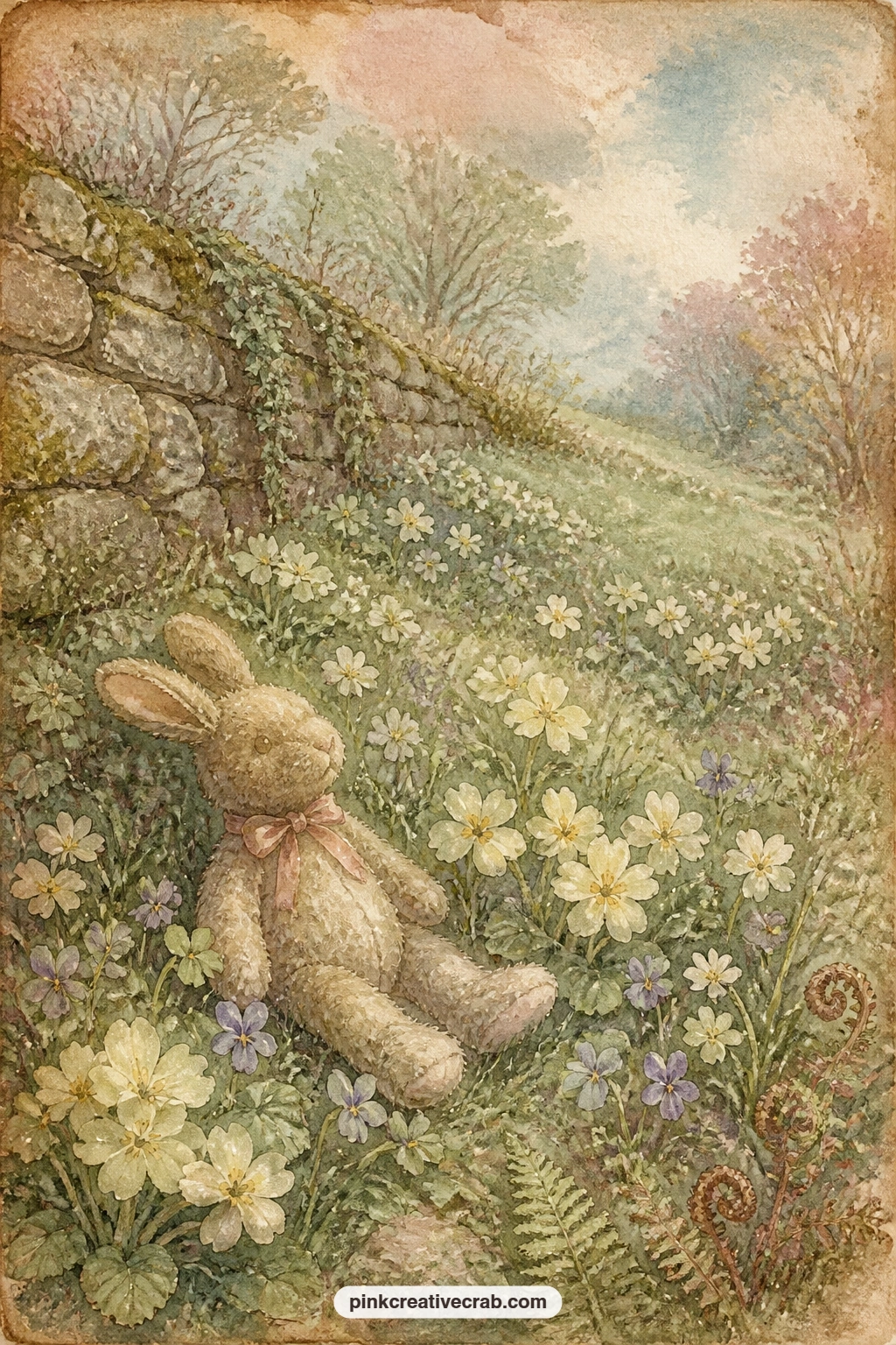 Spring Meadow With Primroses printable page — Clusters of pale primroses dot a gentle meadow slope, with a low stone wall and a few scattered violets along its
