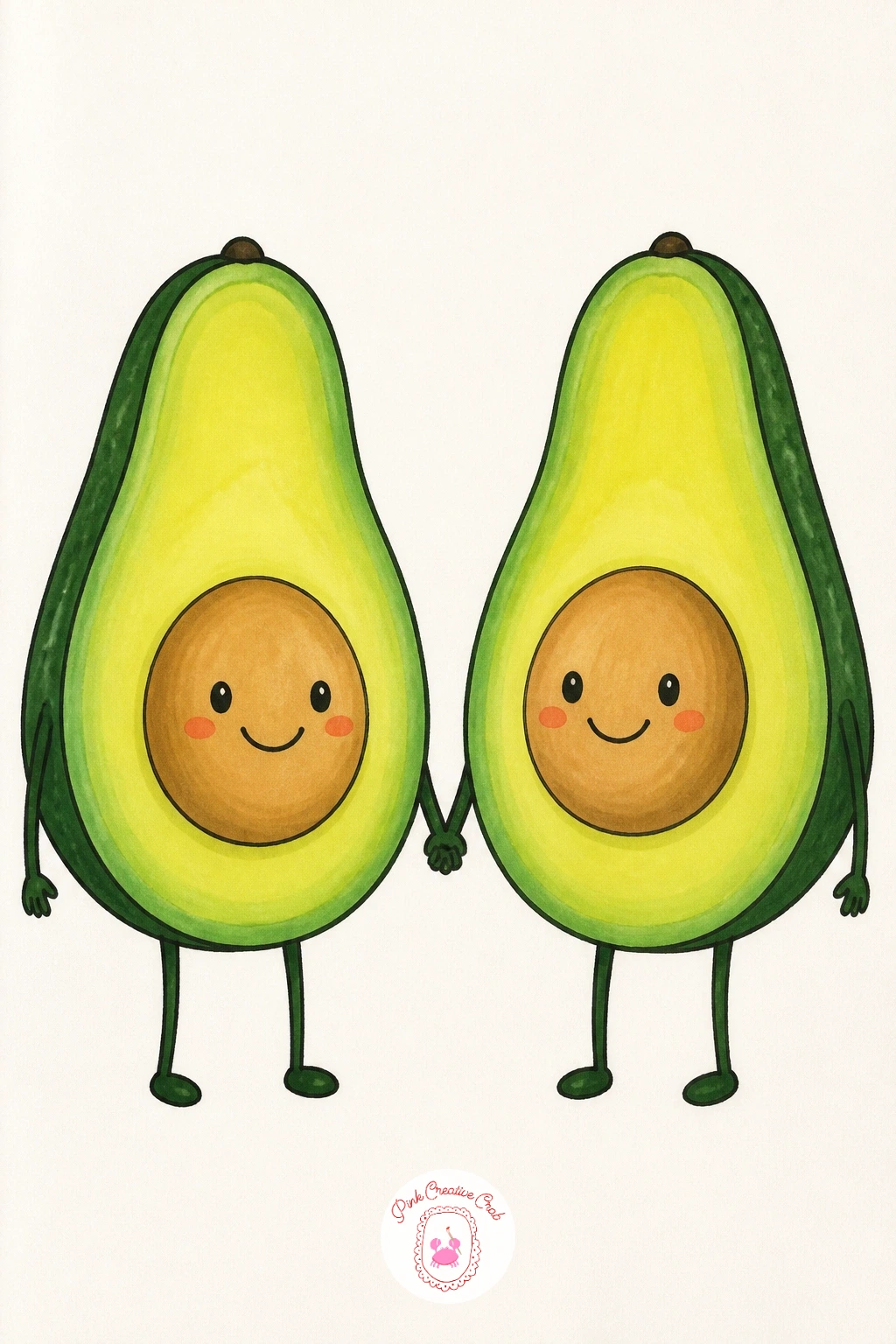 Two Avocado Halves Holding Hands — Give the subject a little story: two avocado halves standing side by side, pits turned into round smiling faces, each