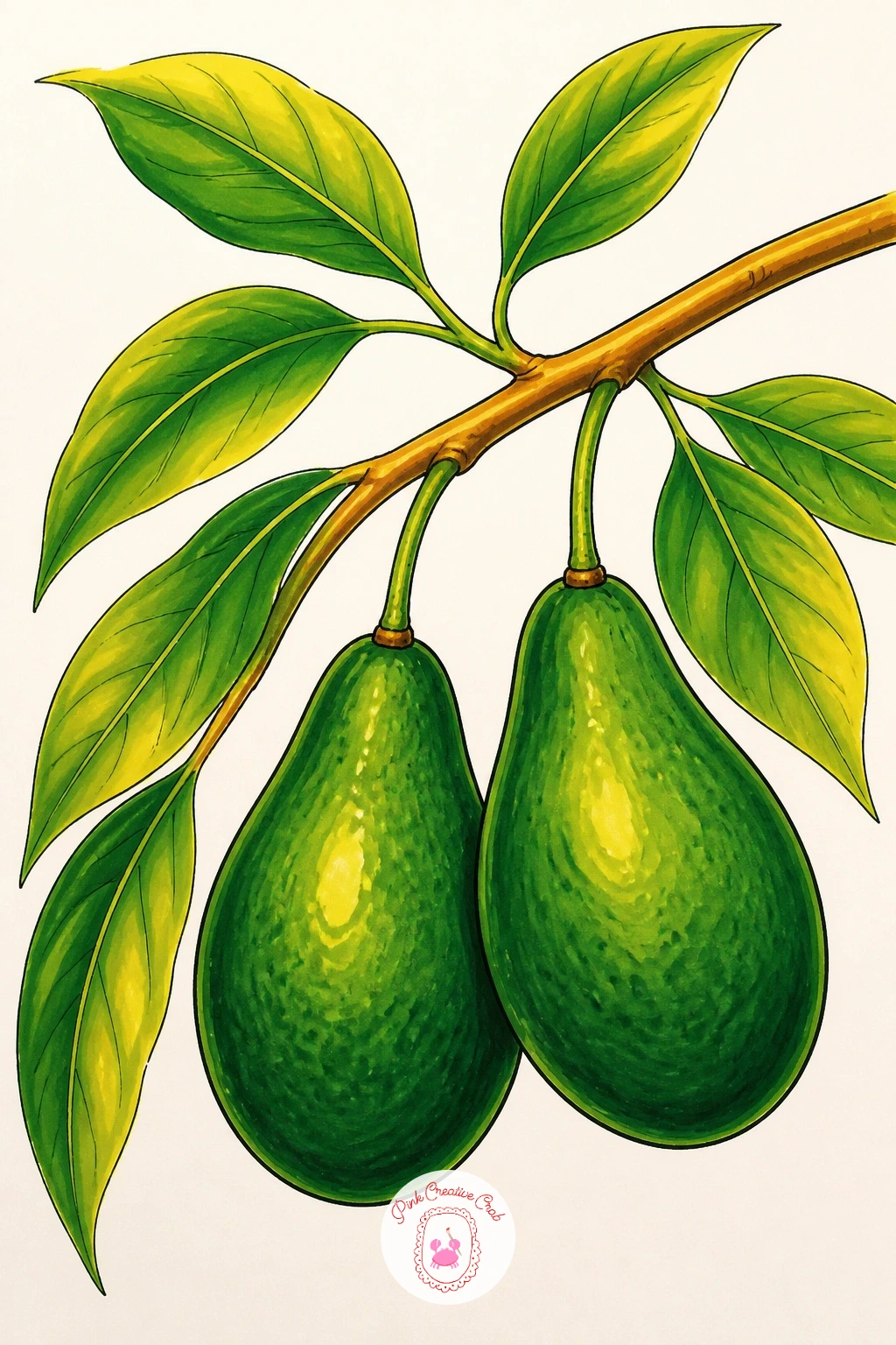 Avocado Tree With Fruit on a Branch — Step outside the kitchen for this one: a single leafy branch with two or three avocados hanging from it, drawn like a