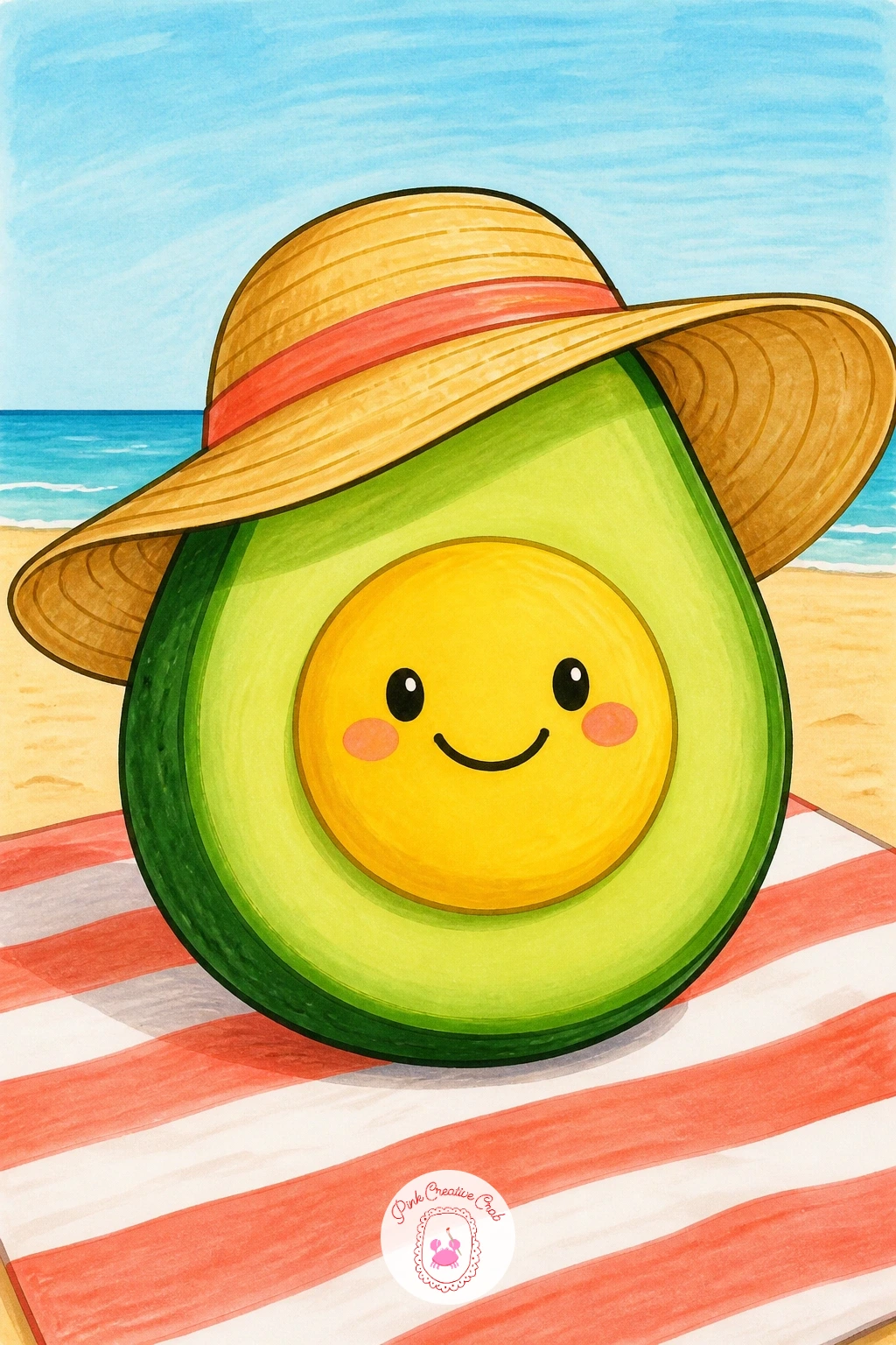 Avocado in a Sunhat at the Beach — Bring the character back with a beach scene: a round avocado body wearing a wide sunhat, sitting on a towel with maybe one