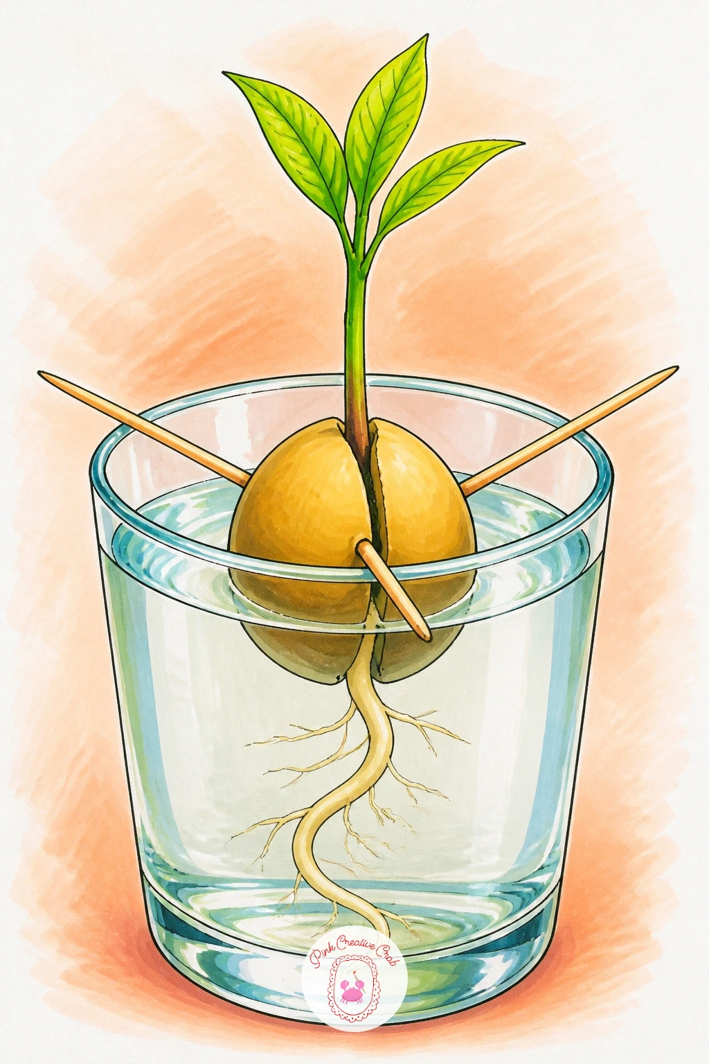 Avocado Pit Sprouting in a Glass of Water — This is a familiar kitchen sight turned into a drawing: a pit suspended in a glass of water with toothpicks, a thin