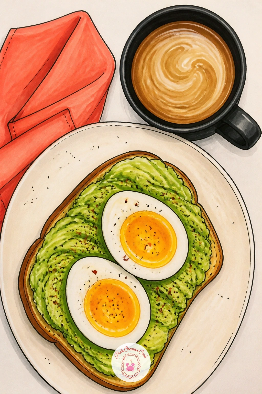 Brunch Table With Avocado Toast and Coffee — Widen the scene into a full tiny tabletop: a plate of avocado toast, a mug of coffee and maybe a small vase or a