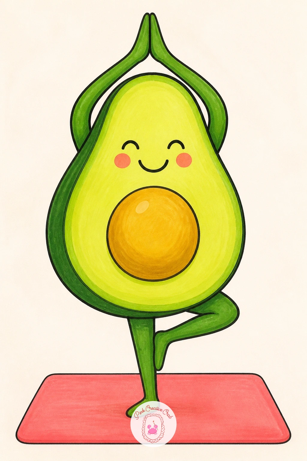 Avocado Doing Yoga — Let the character stretch a little: an avocado body balanced in a simple yoga pose, maybe a tree pose with one thin leg lifted and arms