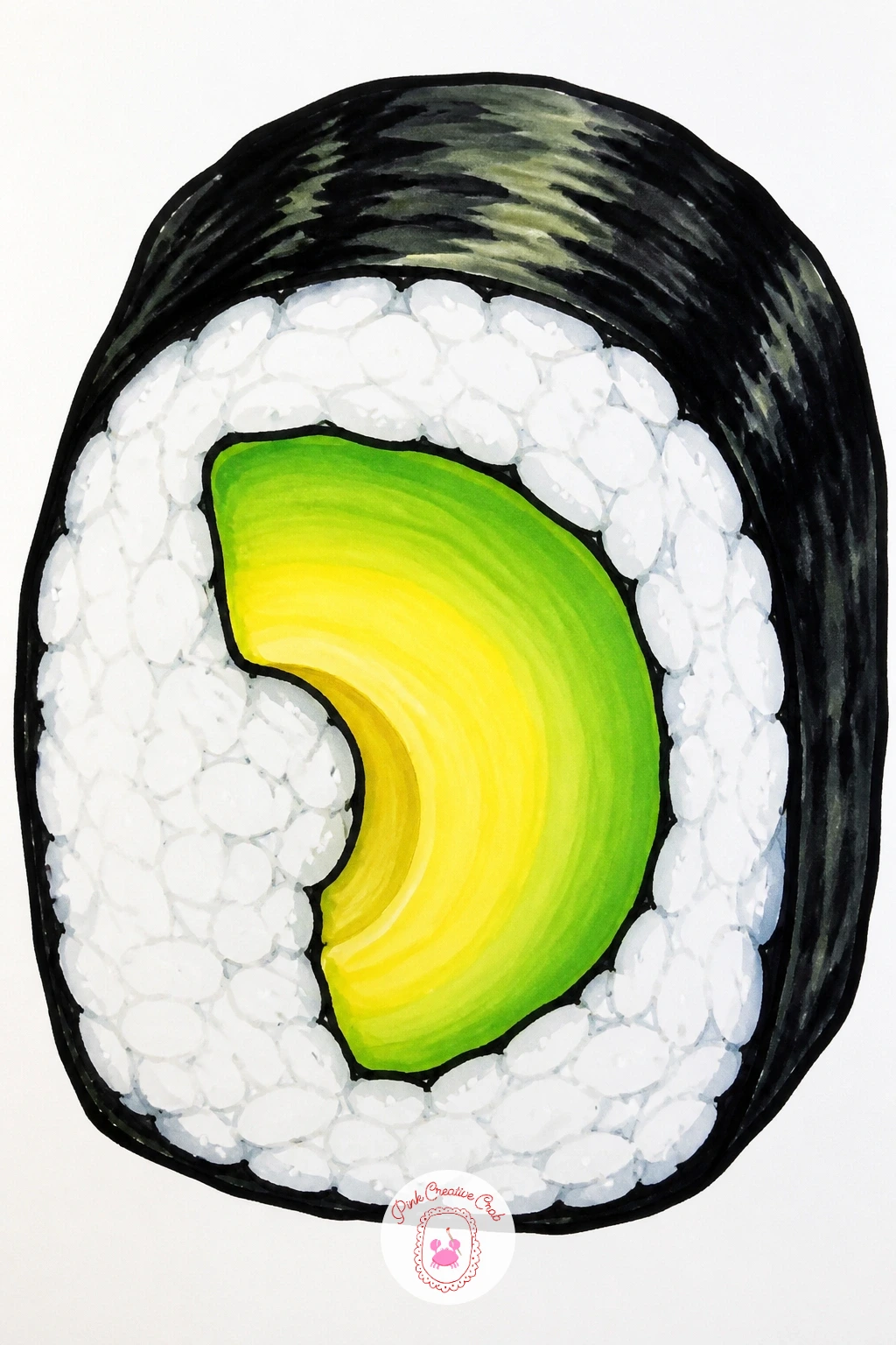 Sushi Roll With Avocado — Bring in a different texture challenge: a sushi roll sliced open to show rice, nori and a strip of avocado through the middle.