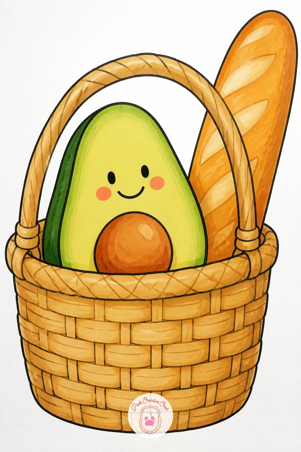 Avocado in a Shopping Basket at a Market — Give the fruit a small errand to run: an avocado character sitting happily inside a woven shopping basket, maybe