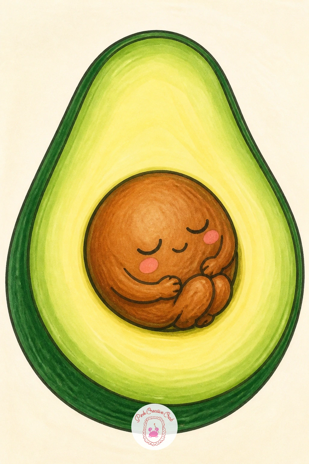 Baby Avocado Pit Asleep in Its Half — Slow the mood right down with a sleepy little scene: a tiny pit character curled up and sleeping inside an avocado half