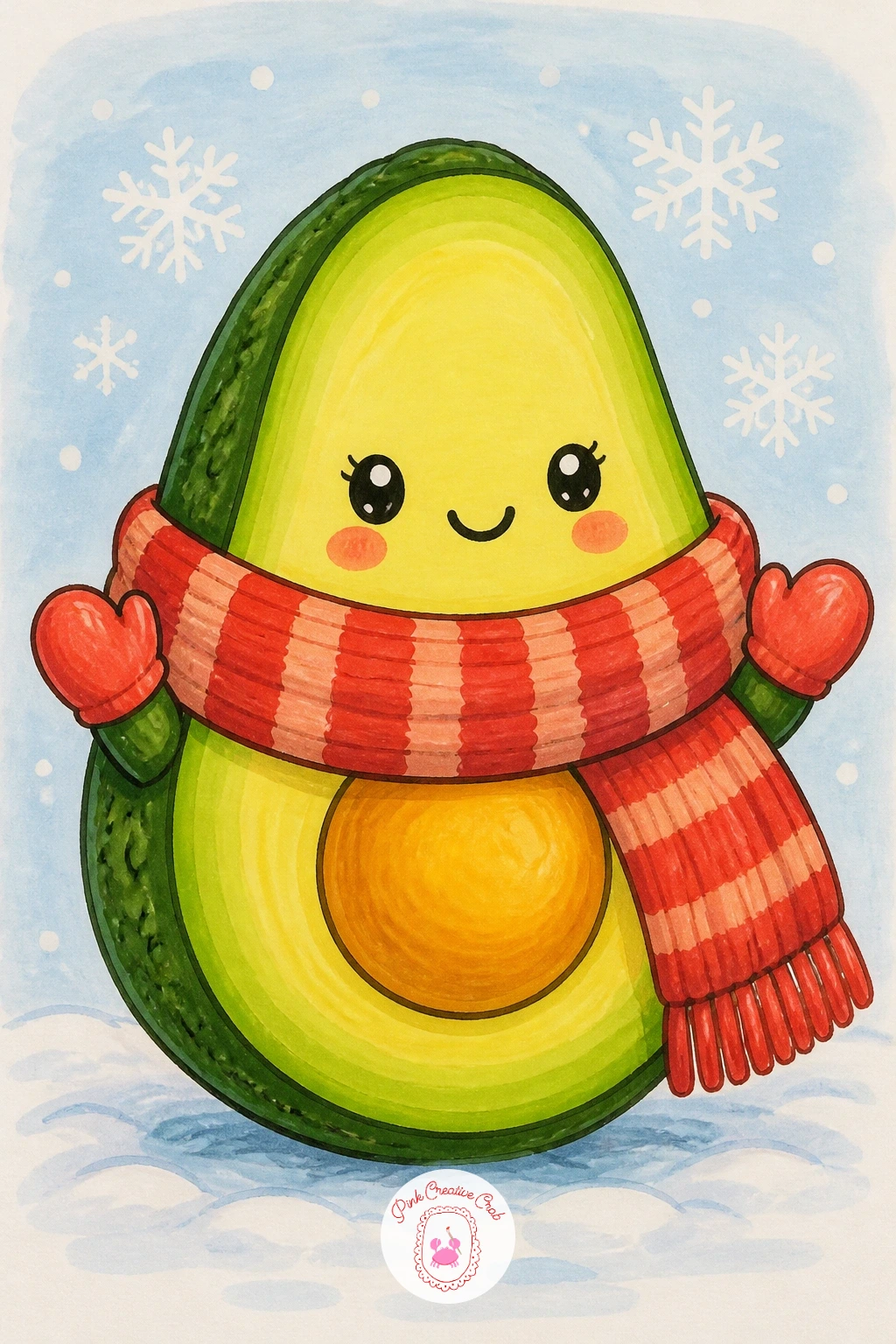 Avocado Wearing a Scarf in Winter — Shift the season with a cozy character: an avocado body wrapped in a knitted scarf, maybe with a little steam cloud or a