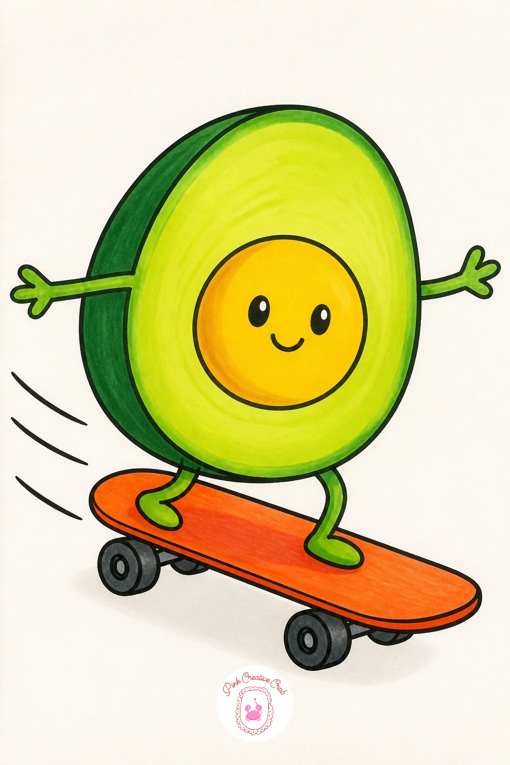 Avocado on a Skateboard — Give the character some motion: an avocado body riding a small skateboard, one arm out for balance, maybe a motion line or two