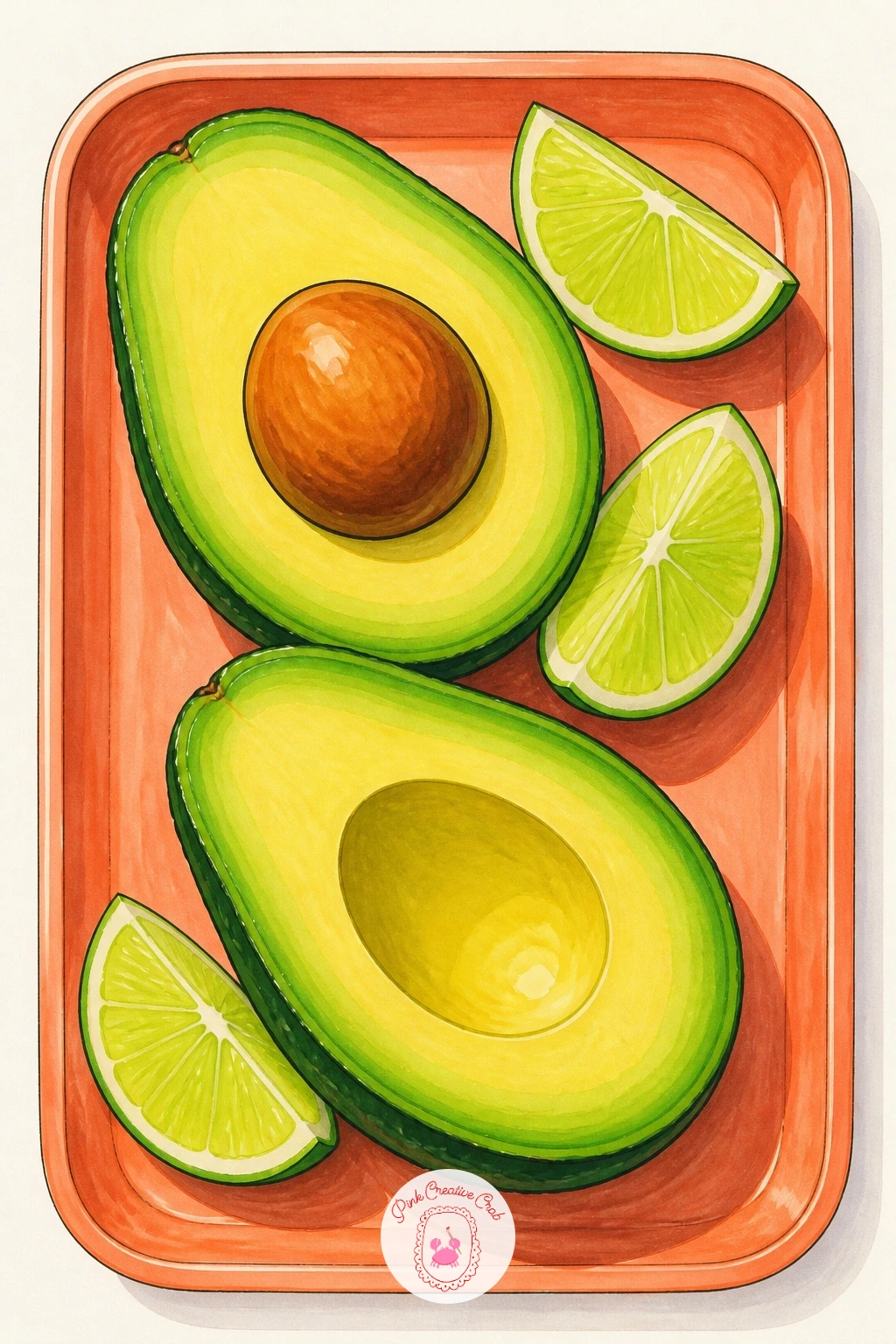 Tray of Avocado Halves With Lime Wedges — Return to a calmer still life: a small wooden tray holding two or three avocado halves and a few lime wedges, maybe a