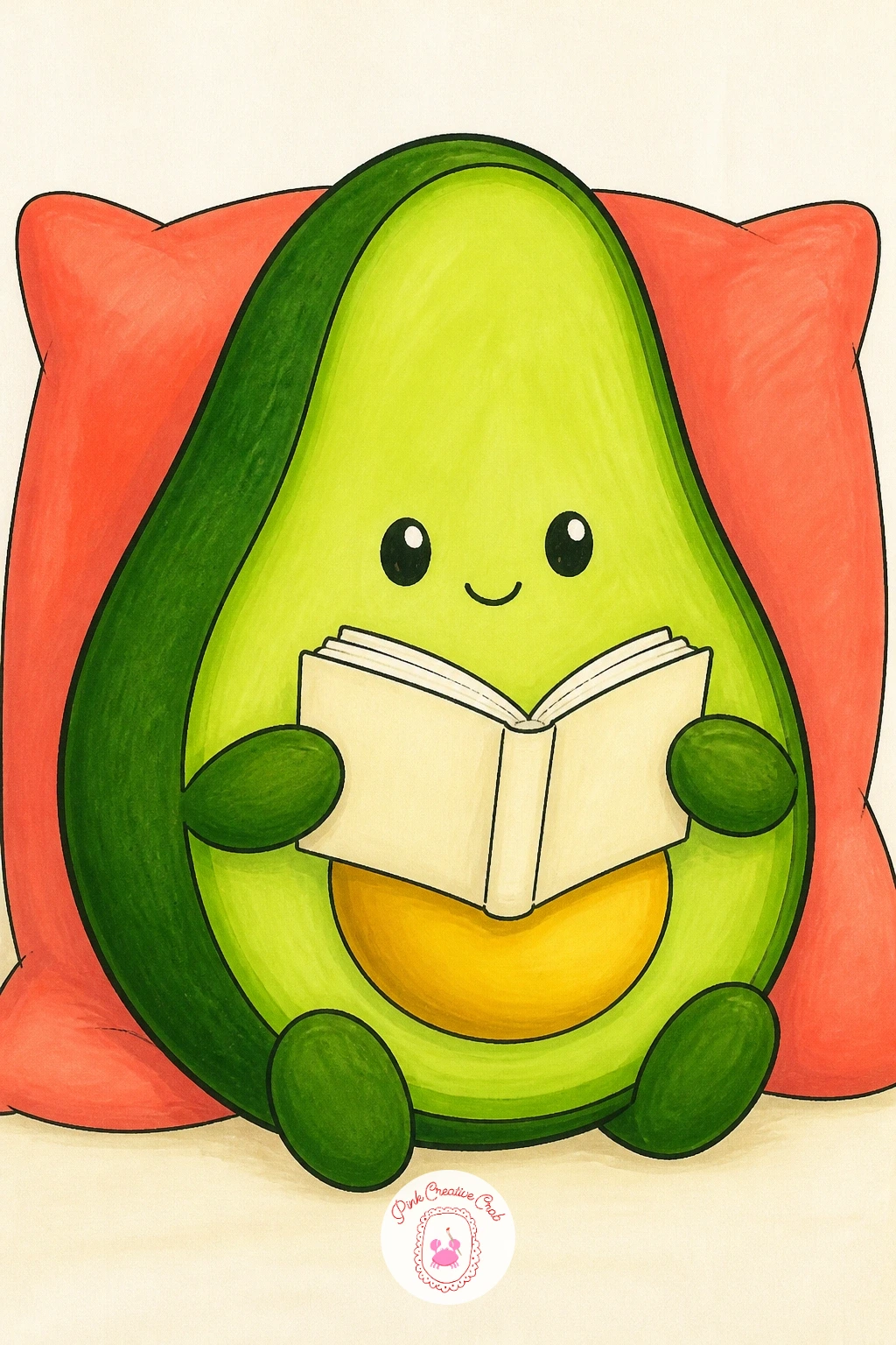 Avocado Reading a Book — Settle the character down with a quiet activity: an avocado sitting comfortably with a small open book held in two round little hands