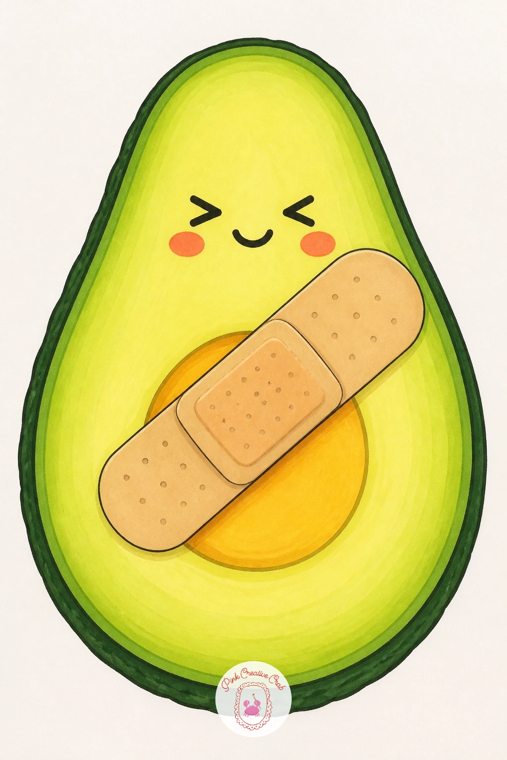 Avocado With a Bandage After Being Cut — Add a little sympathy humor: an avocado half with a small bandage stuck crosswise over its pit hollow, a slightly