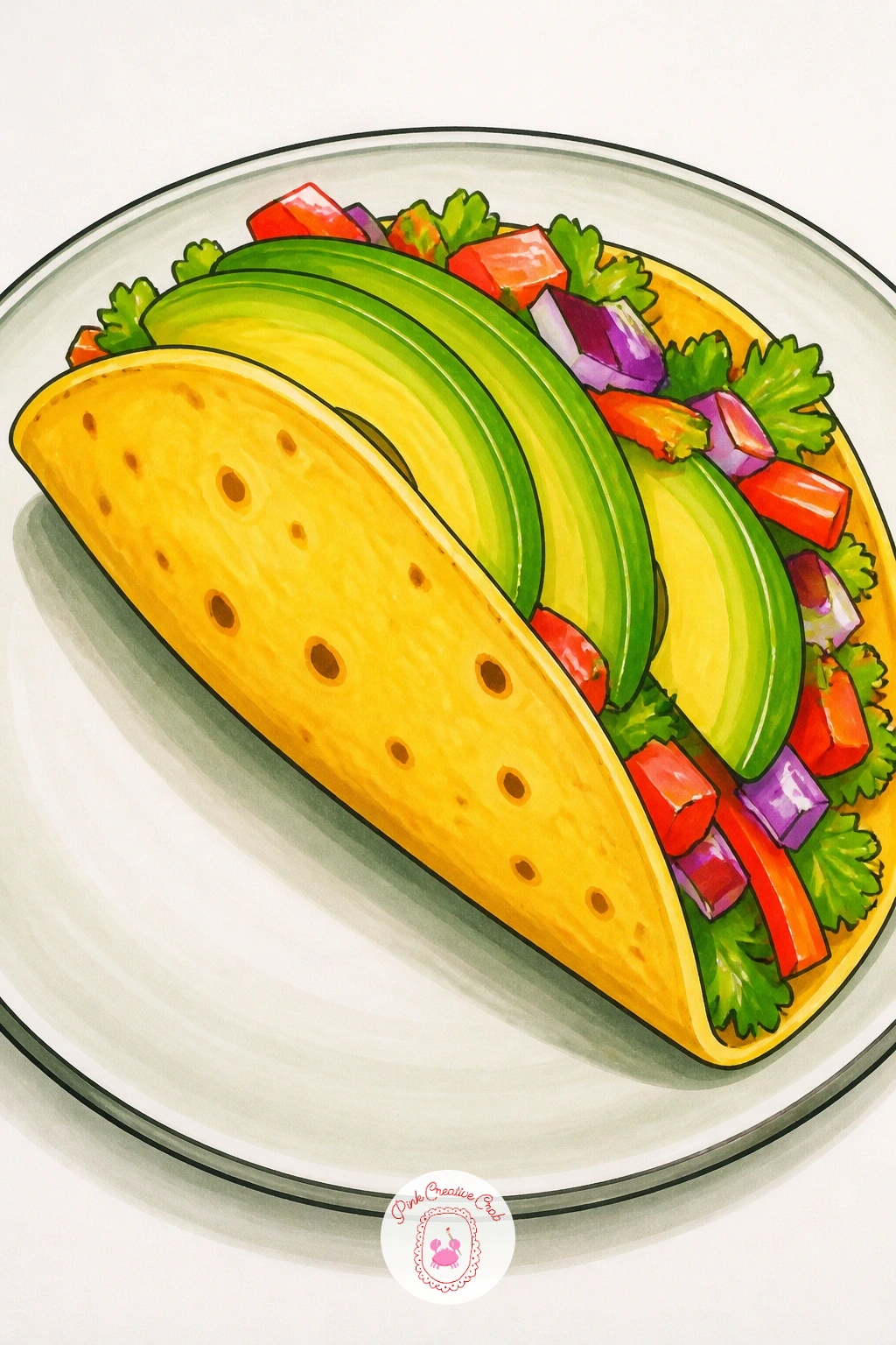 Avocado Taco Plate — Bring back a savory scene with more texture to practice: a folded taco shell filled with avocado slices, a few other colorful bits
