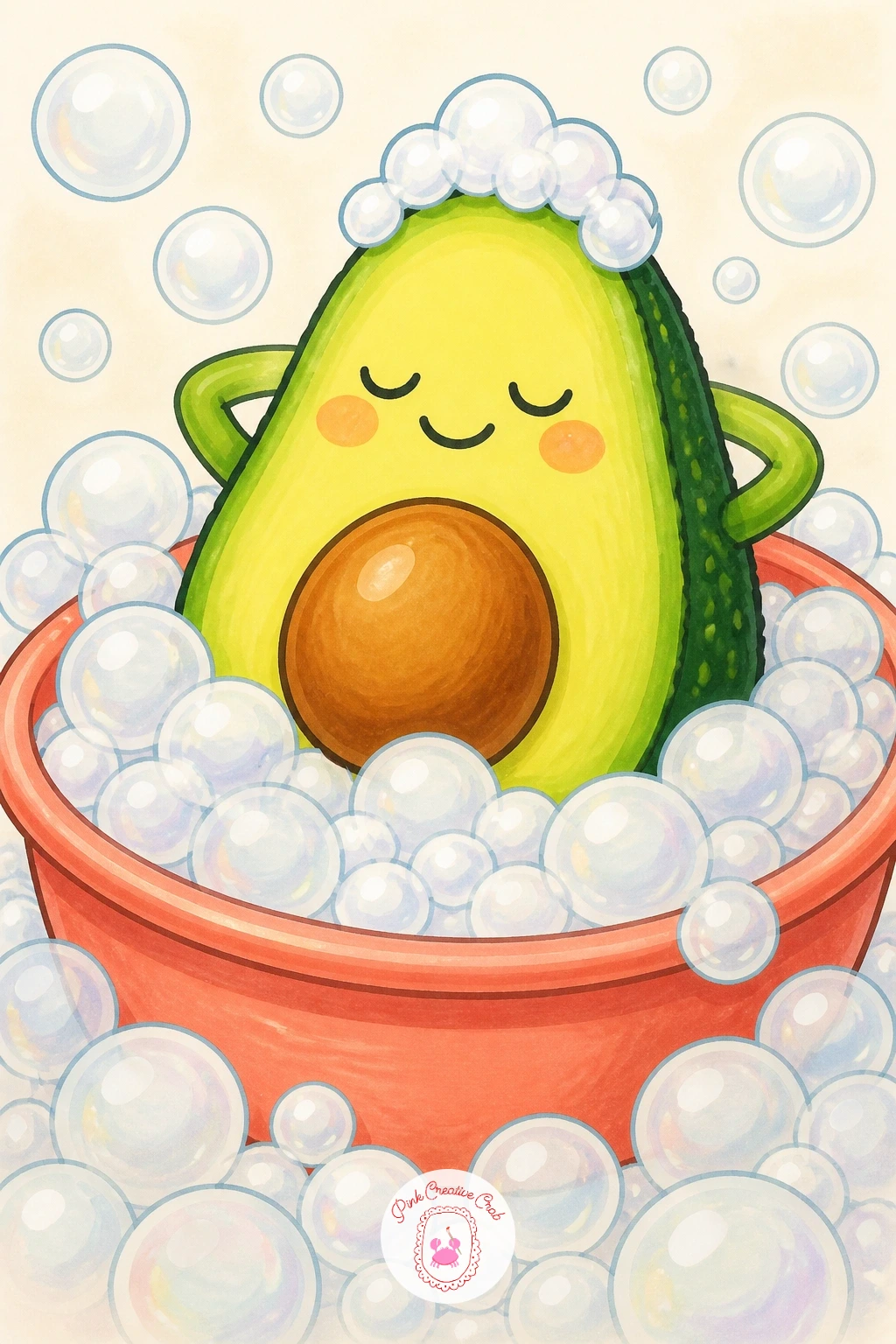 Avocado in a Bubble Bath — Let the character relax completely: an avocado body soaking in a small round tub, surrounded by a scatter of soft bubble shapes and