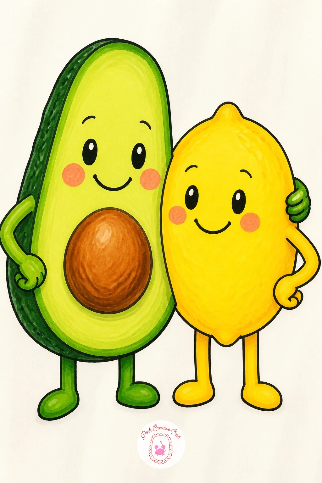 Avocado and a Lemon Best Friends — Pair up two very different fruits: an avocado and a lemon standing side by side as an obvious odd couple, maybe arm in arm