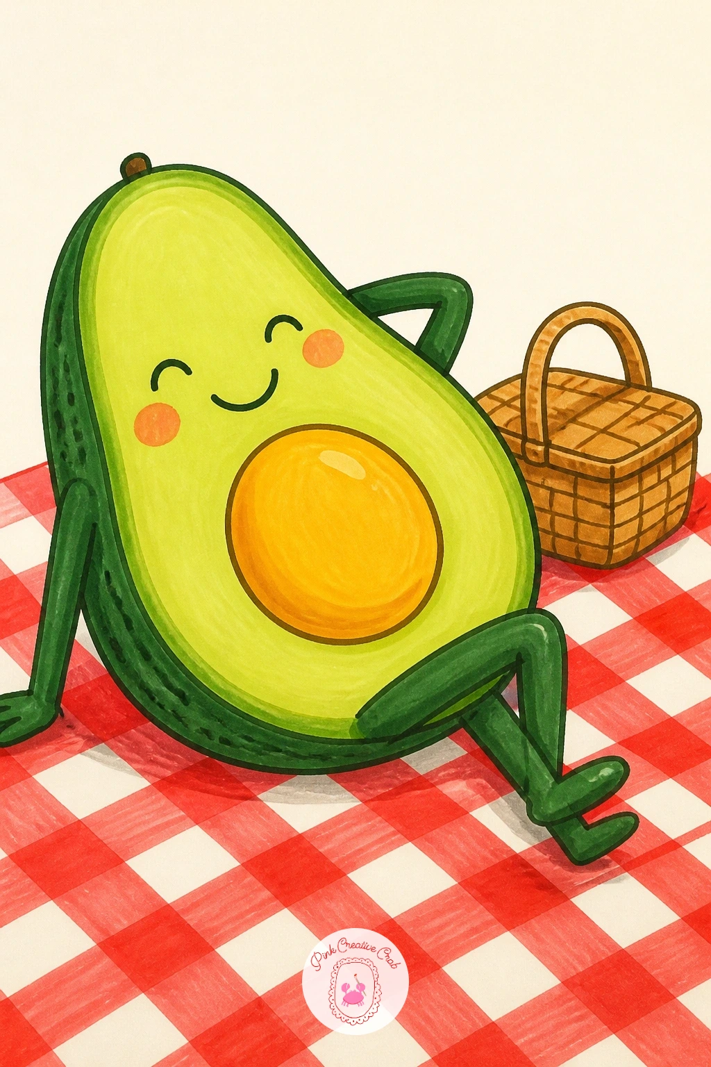 Avocado on a Picnic Blanket — Slow the pace with an outdoor rest: an avocado character lounging on a checkered picnic blanket, maybe beside a small basket or a