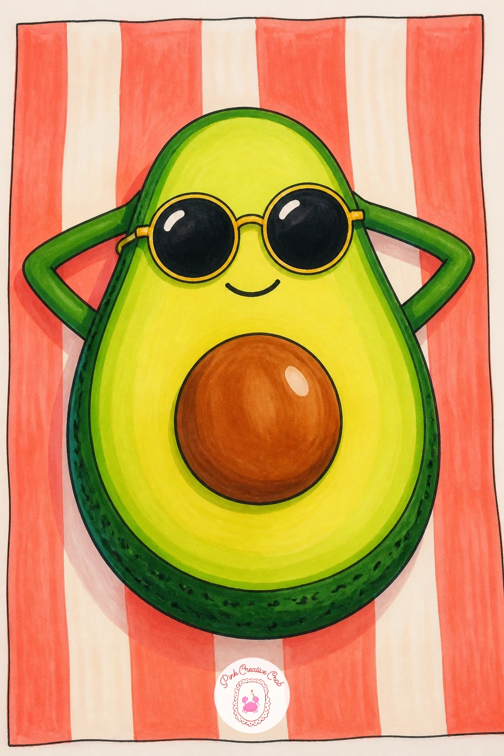 Avocado Wearing Sunglasses on a Towel — Bring back the beach mood with a cooler companion piece to the sunhat scene: an avocado lounging flat on a striped