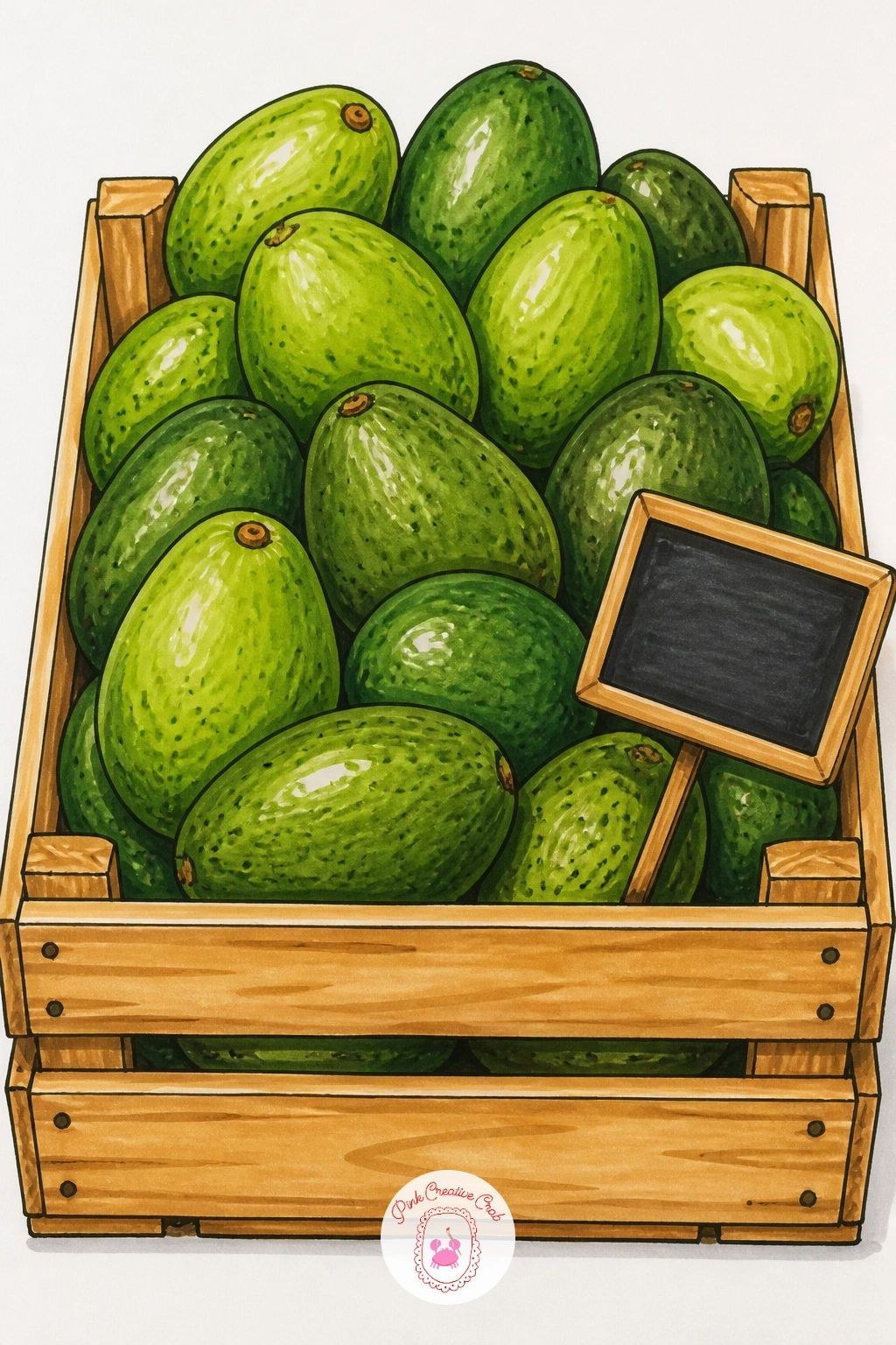 Market Crate Full of Avocados — Close the brunch and beach moments with a simple abundant still life: a wooden crate stacked with several whole avocados, maybe