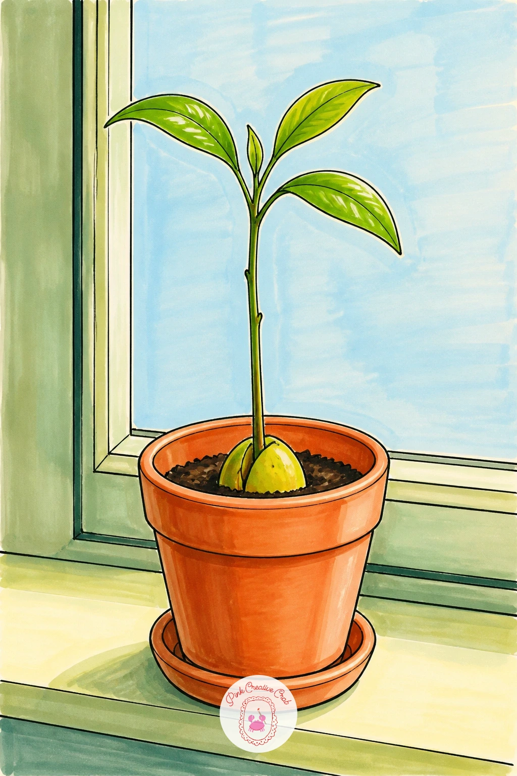 Avocado Growing in a Pot on a Windowsill — End on a quieter, hopeful note: a small potted plant with a thin avocado sprout growing from a pit, sitting on a