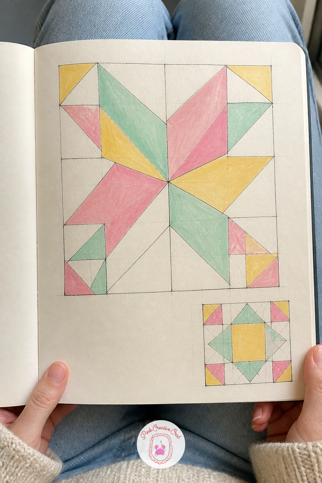 Quilt Block Layout in Pastel Colors — Quilt blocks are built on a grid the same way gingham and cross-stitch were, so this page rewards the measuring skills