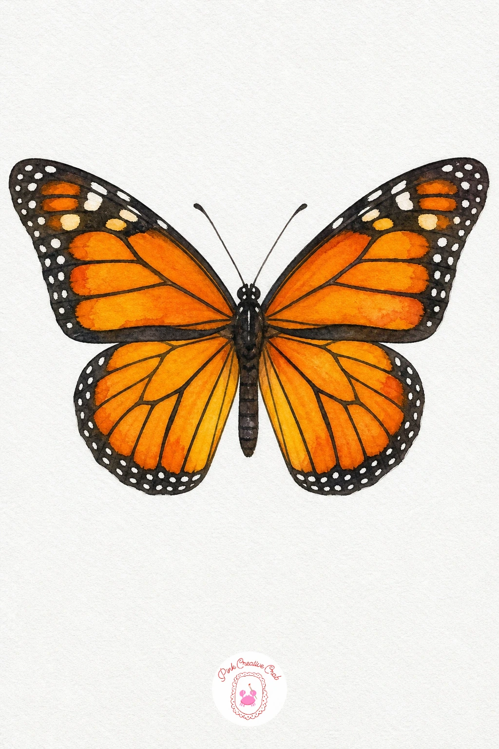 Orange Monarch Butterfly — Paint both wings with a flat wash of cadmium orange, leaving the border and vein lines as bare paper for now. Butterfly template