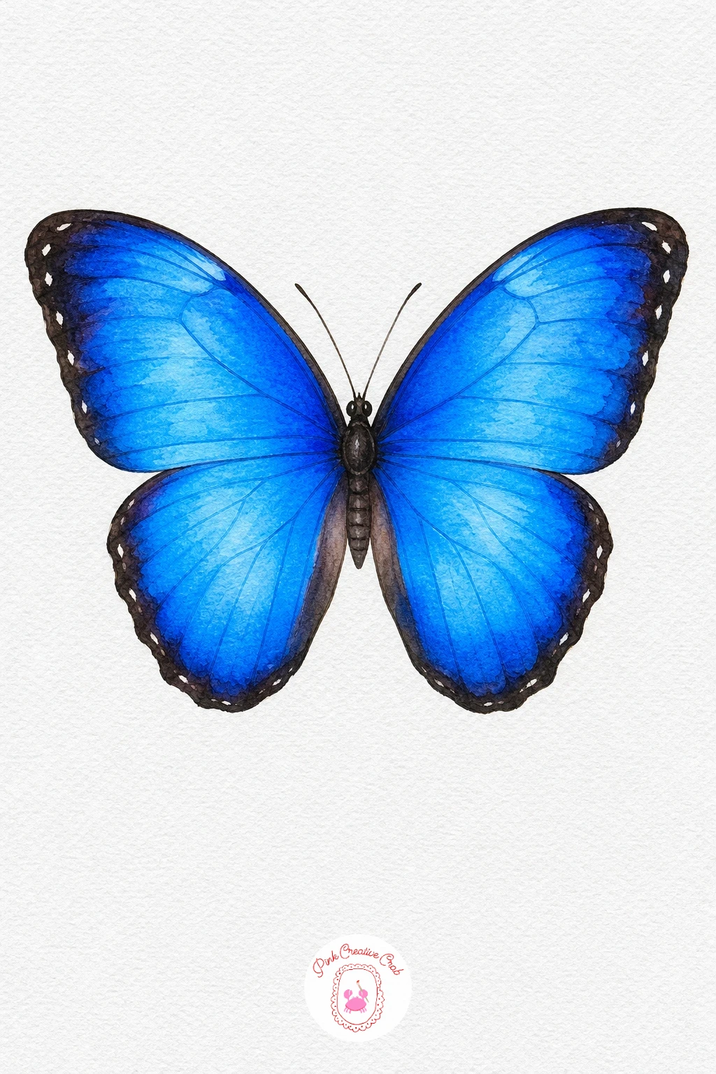 Blue Morpho Butterfly — Wet the whole wing shape first, then drop in bright cerulean blue at the centre of each wing and let it bloom outward on its own.
