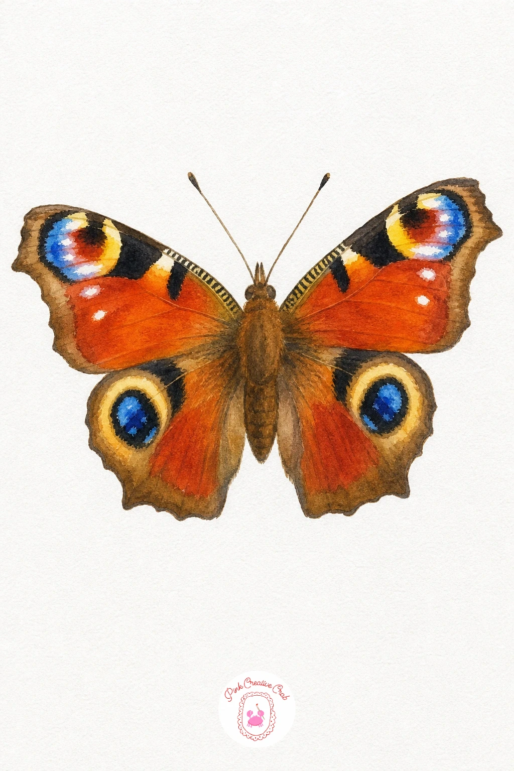 Peacock Butterfly With Eye Spots — Start with a flat wash of rust red or burnt orange across all four wings and let it dry fully, this base colour is what