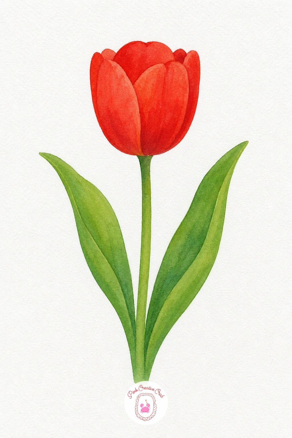 Red Tulip With Two Leaves — Wet the tulip cup lightly and drop in Cadmium Red at the top, letting it pool a touch darker where the petals overlap near the