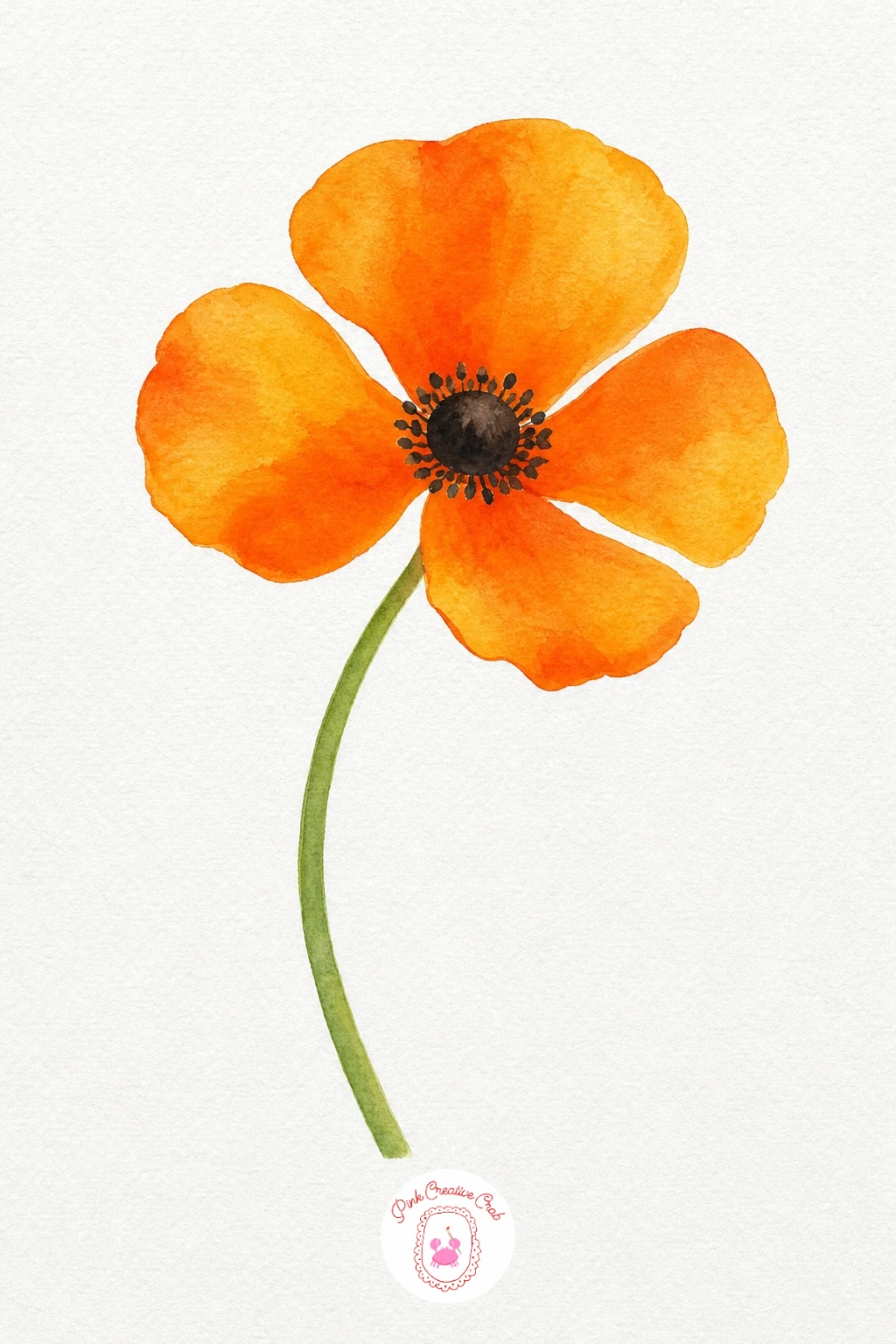 Orange Poppy With Curved Stem — Paint the four petals in Cadmium Orange with the brush fairly wet, letting each petal pool slightly darker near the center