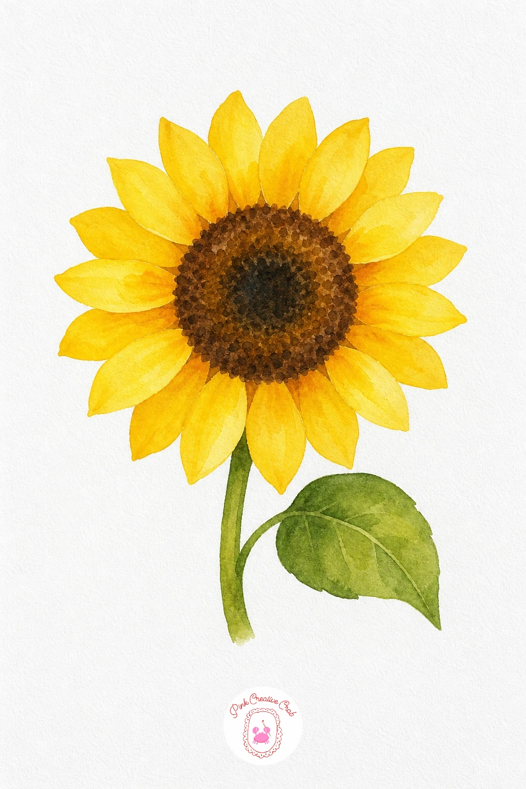 Sunflower Head With One Leaf — Paint the petals in Cadmium Yellow first, adding a thin edge of Burnt Orange at the base of each petal where it meets the center